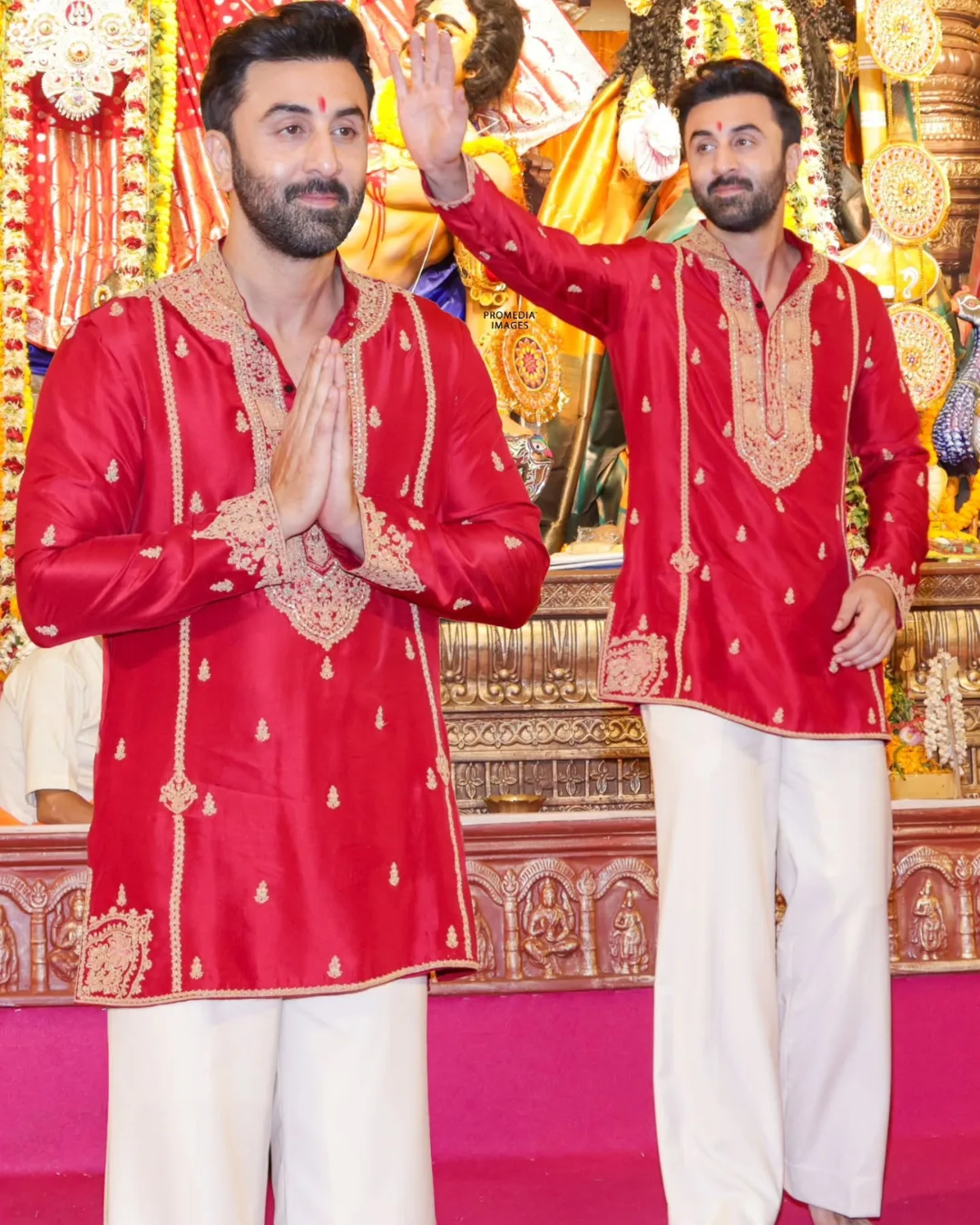 Ranbir Kapoor in Abeer Kashidakari Kurta Set by Dolly J in red, view 3