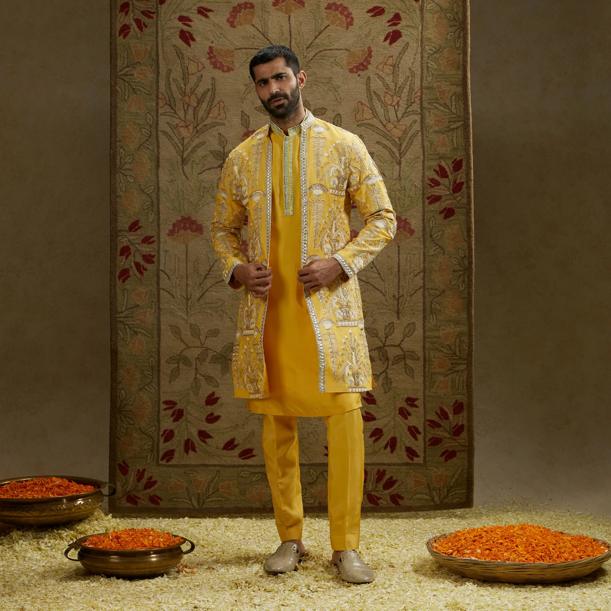 Yellow Butta Jacket Set by SVA