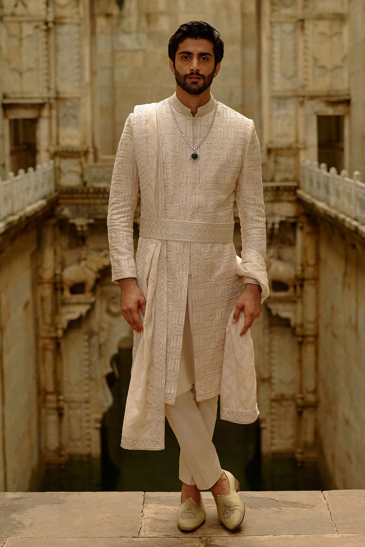 Beige Geometric Sherwani Set by Nitika Gujral, view 2