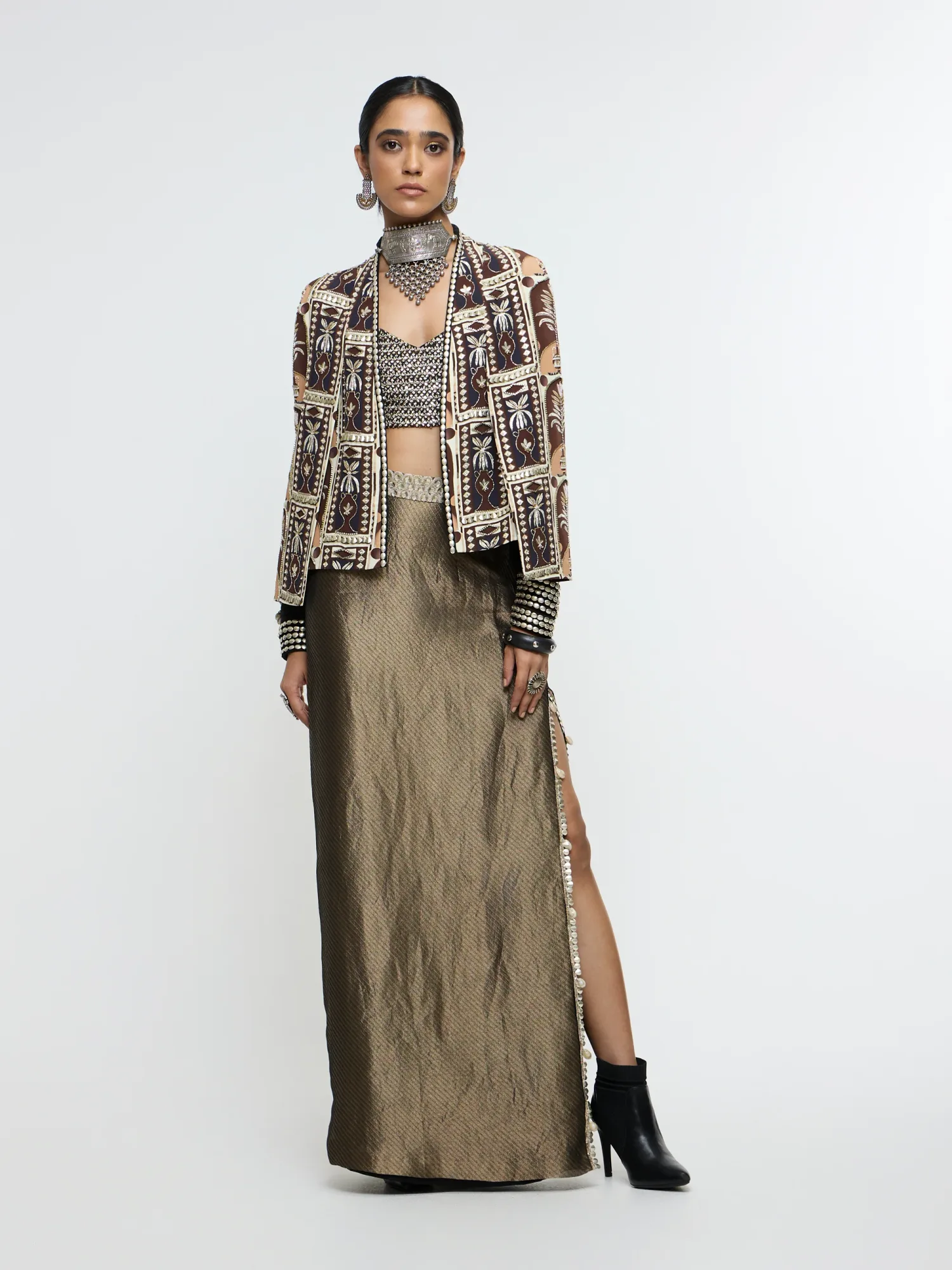 Amer Jacket Paired with Embellished Bustier and High-Slit Skirt by SVA
