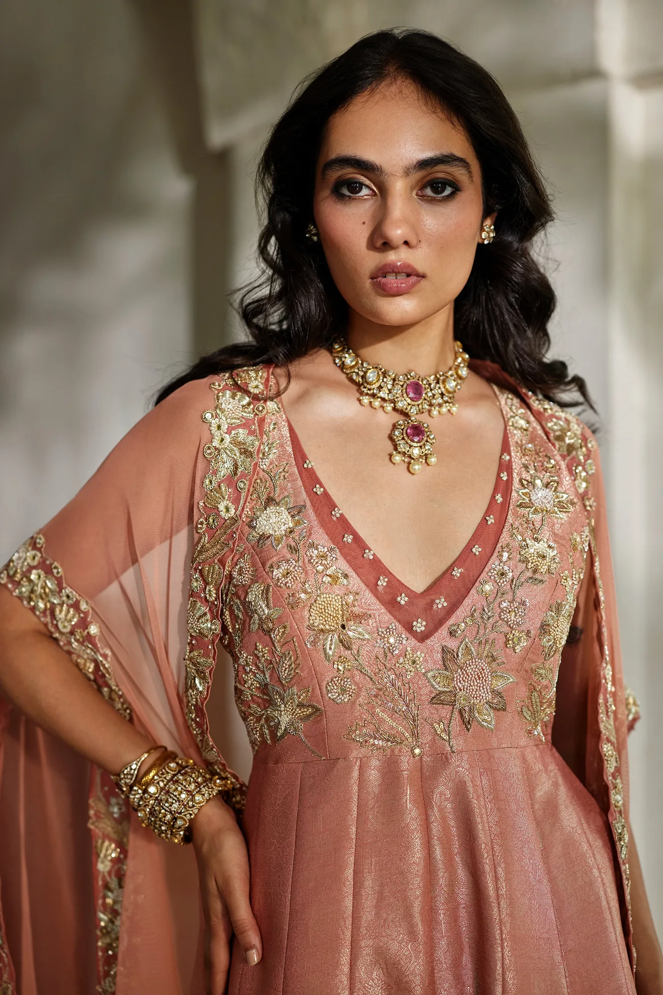 Mira Cape Jumpsuit Set by Paulmi And Harsh, peach cape set, view 3