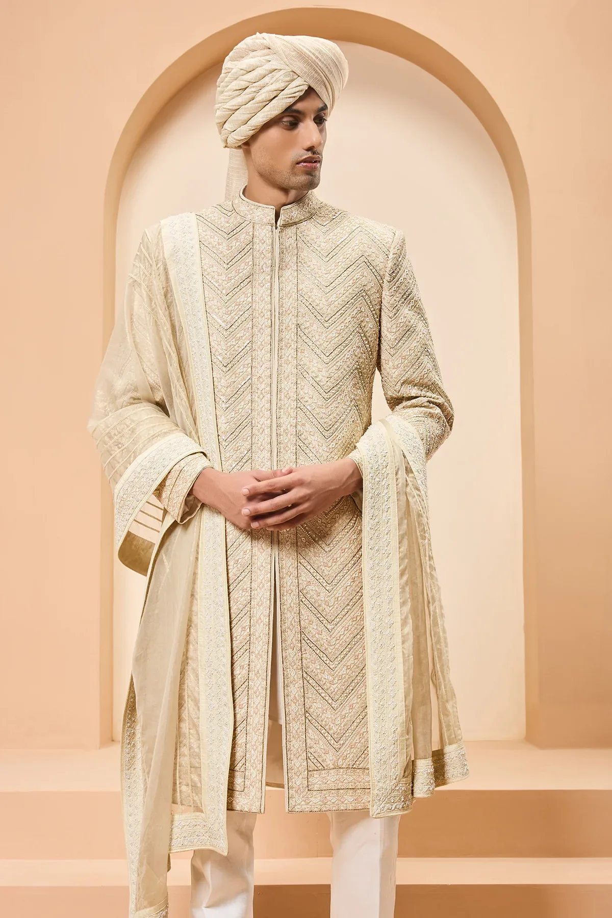 Ivory gold sherwani detailing with zardozi pearl sequins and thread work by Sarab Khanijou
