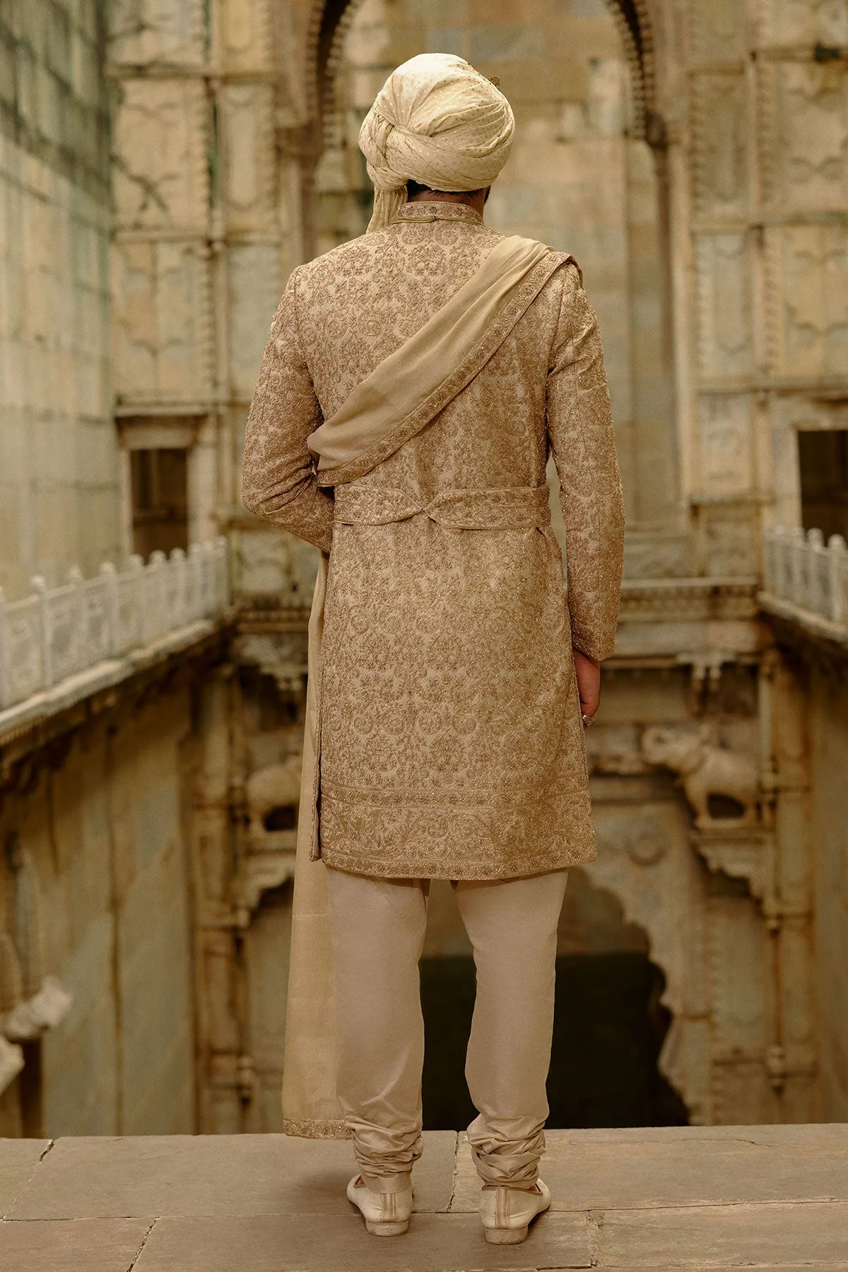 Gold Benarasi Sherwani Set by Nitika Gujral, view 4