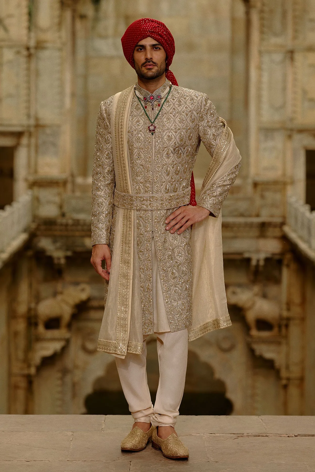 Gold Zardozi Sherwani Set by Nitika Gujral