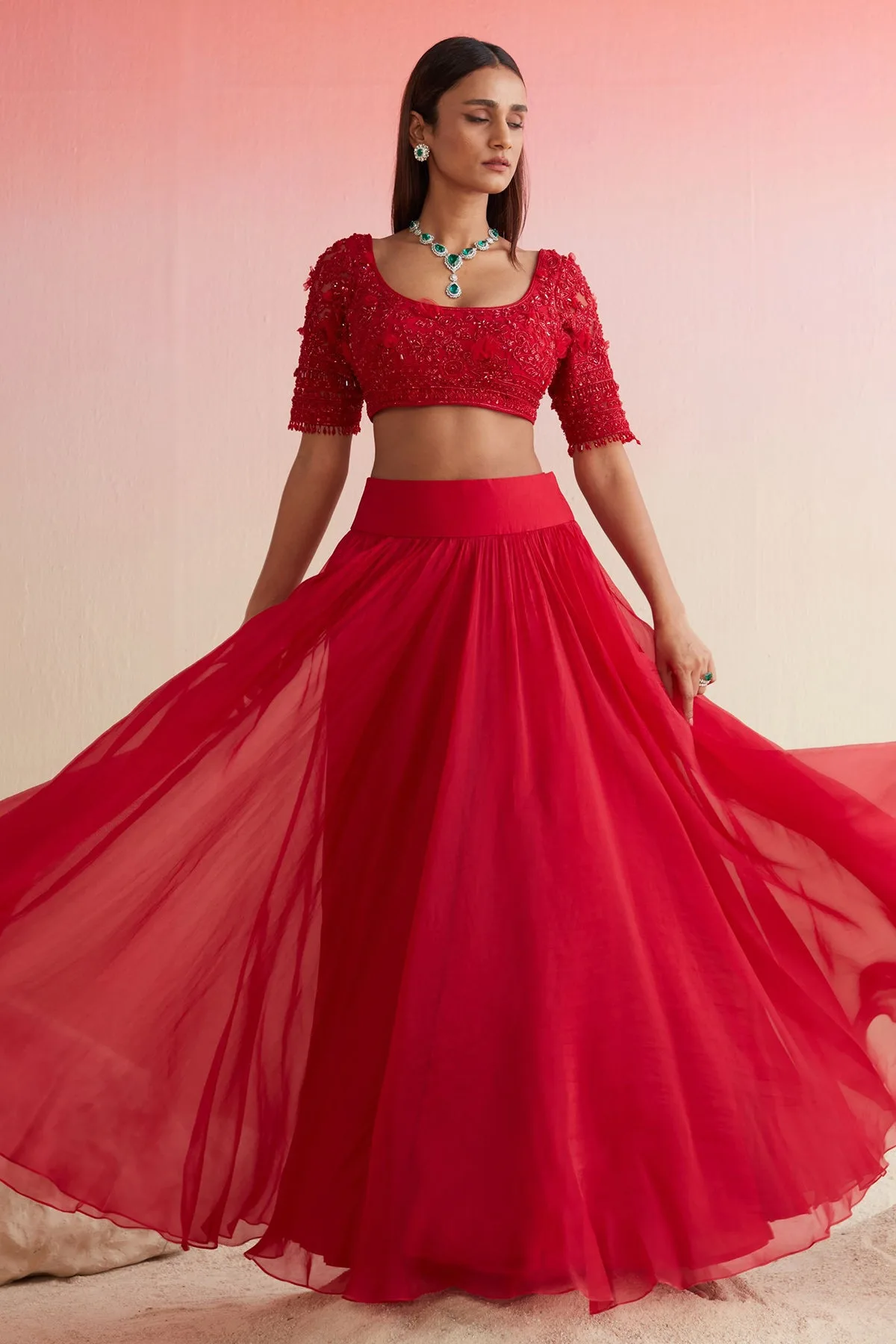 Rauhah by Ridhi Mehra, red skirt set