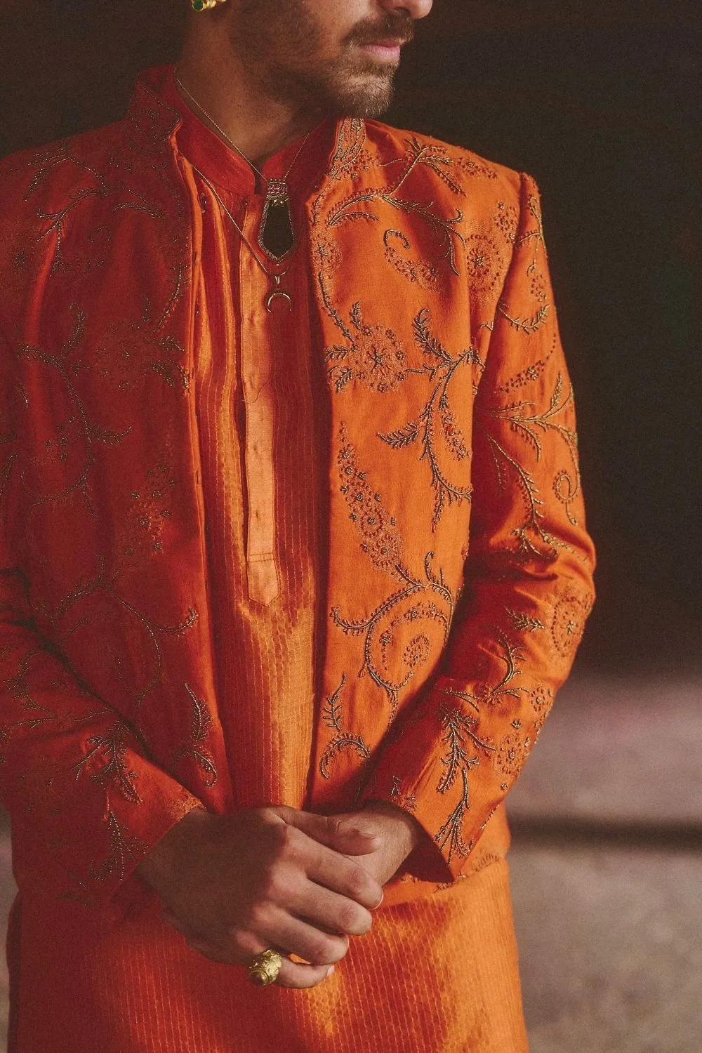 Vaidik Jacket Set by Jigar Mali in rust, view 3