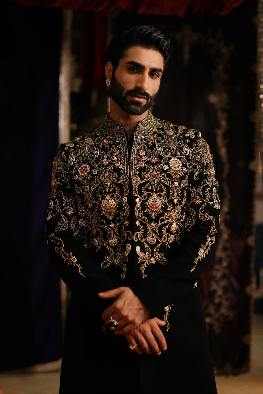 Kashif Sherwani by Jigar Mali in black, view 2