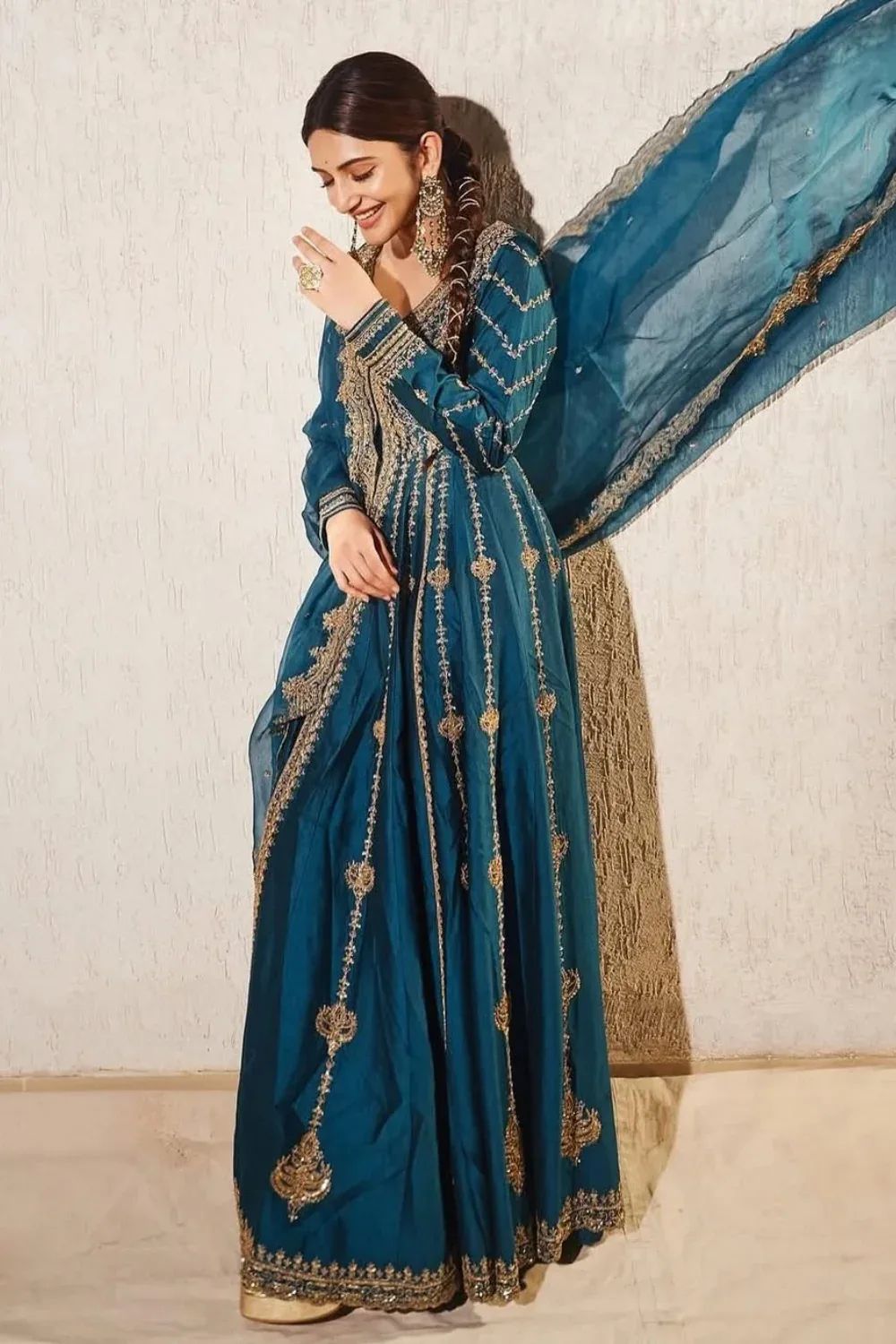 Sreeleela in Teal Blue Jacket Set by Jigar Mali