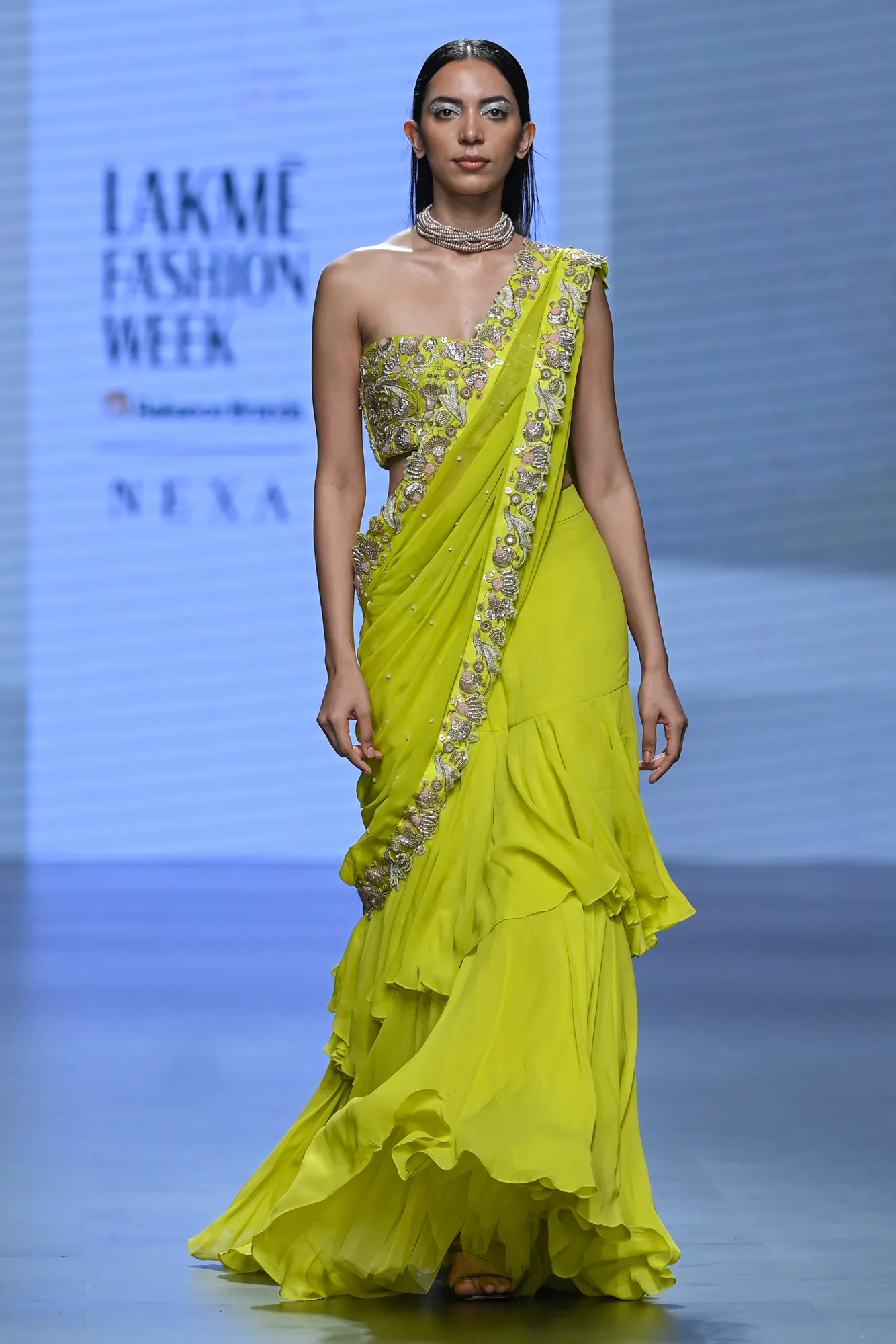 Clara Saree Set by Paulmi And Harsh in lime, view 4