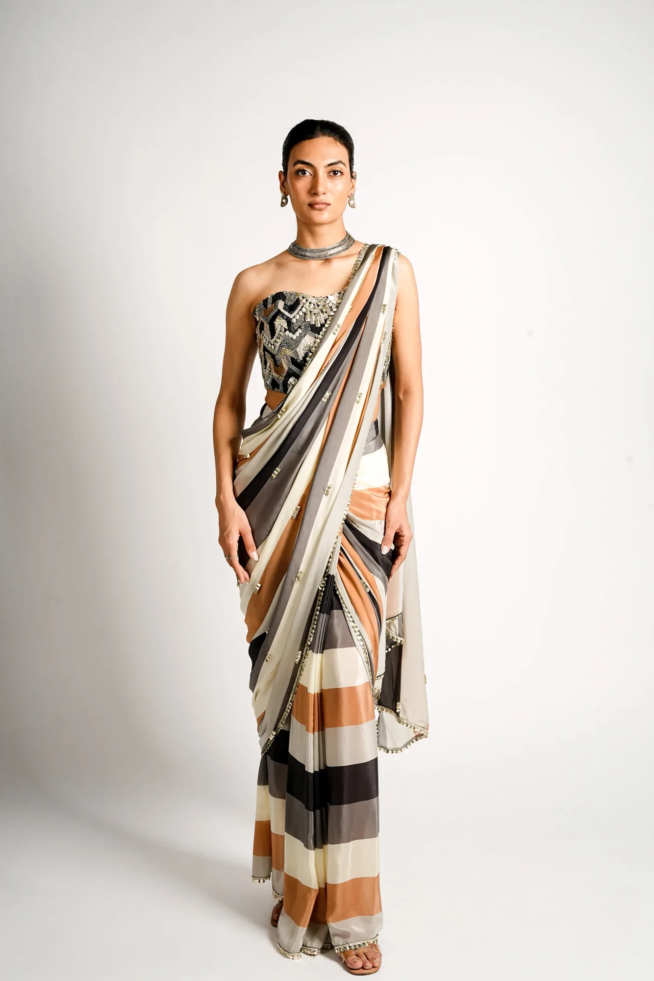 Aarza Striped Saree Set with Embellished Corset by SVA