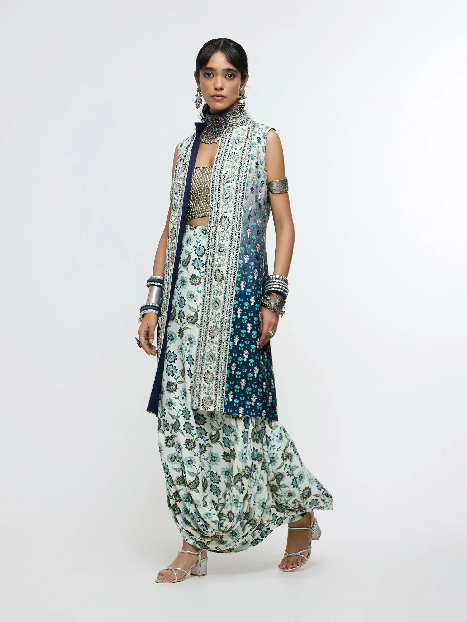 Nysa Long Jacket Paired With Metallic Bustier & Drape Skirt. by SVA, jacket set, view 3