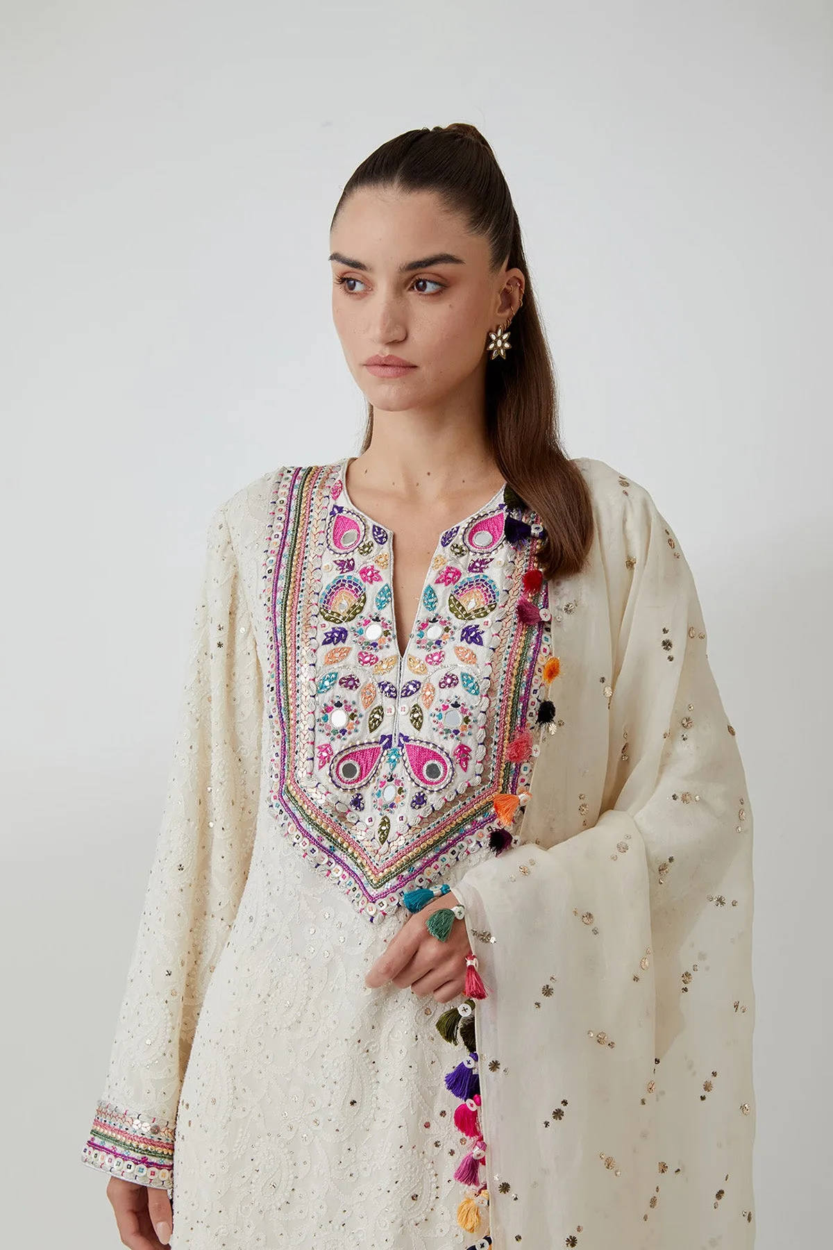 Stone Chikankari Embroidered Kurta With Palazzo And Mukaish Organza Dupatta by Payal Singhal, view 4