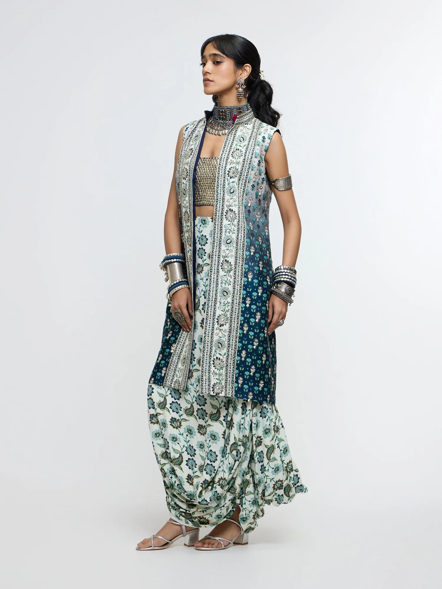 Nysa Long Jacket Paired With Metallic Bustier & Drape Skirt. by SVA, jacket set, view 2