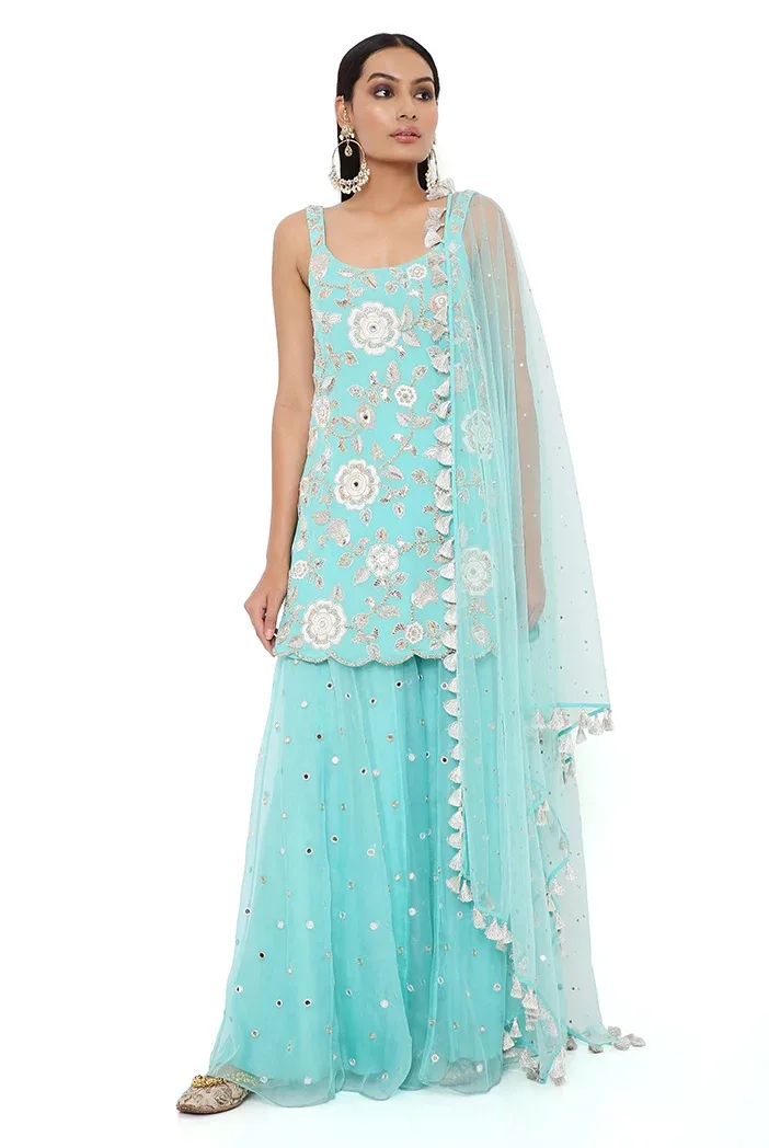 Aqua Georgette Embroidered Kurta with Organza Embroidered Sharara and Mukaish Net Dupatta by Payal Singhal