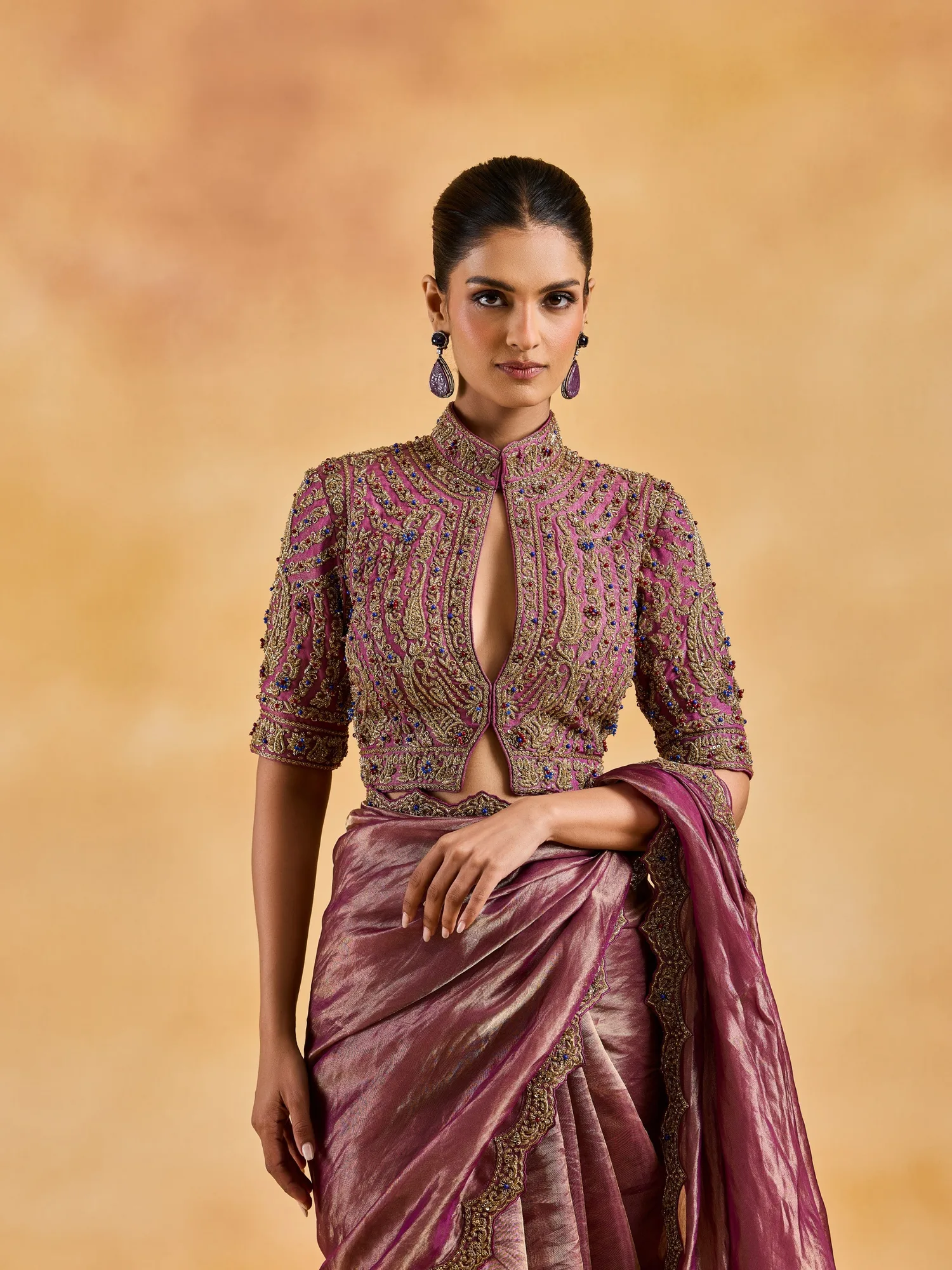 Purple Benarsi tissue saree with Antique Zardozi embroidery by Nitika Gujral, view 4