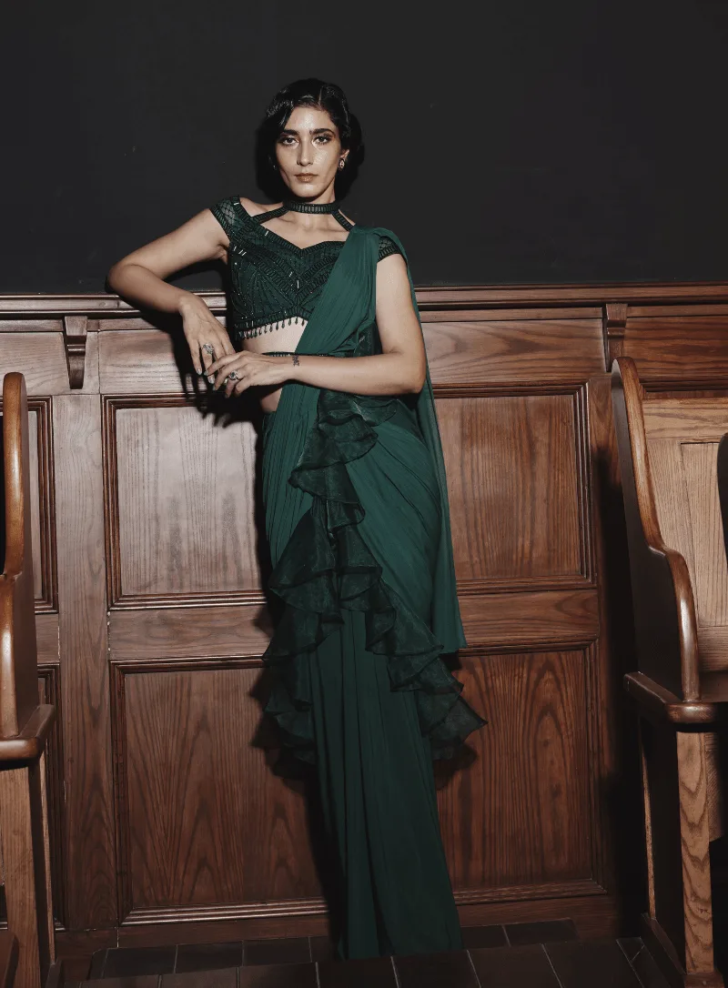 Raffle Drape Saree With Embroidered Blouse by Kamaali Couture