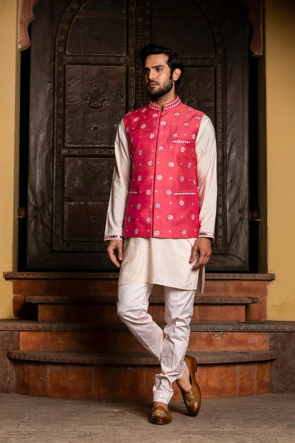 Blush Kurta Trouser with Coral Embroidered Raw Silk Jacket by Nitika Gujral
