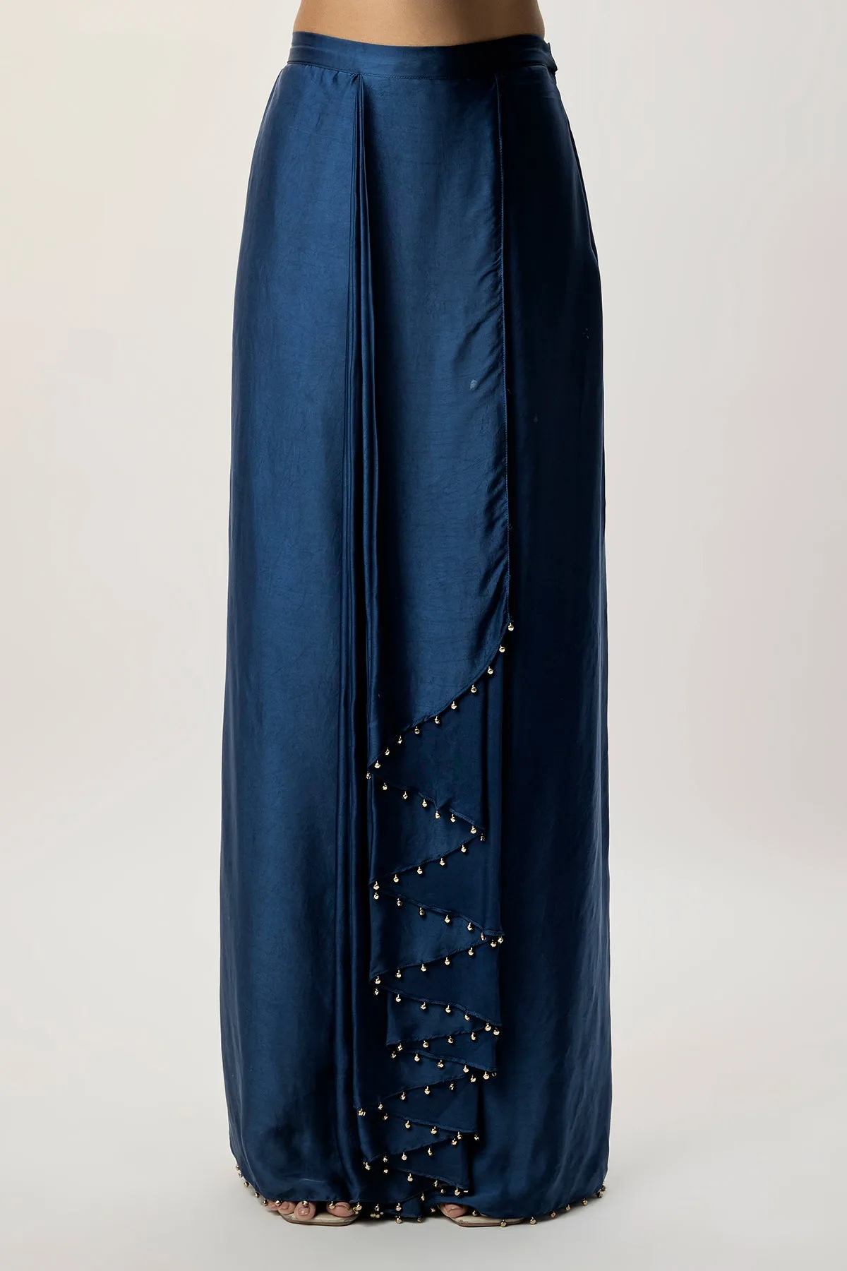 Samira Navy Blue Velvet Embroidered Yoke And With Dhoti Skirt And Belt by Payal Singhal, navy blue kurta, view 3
