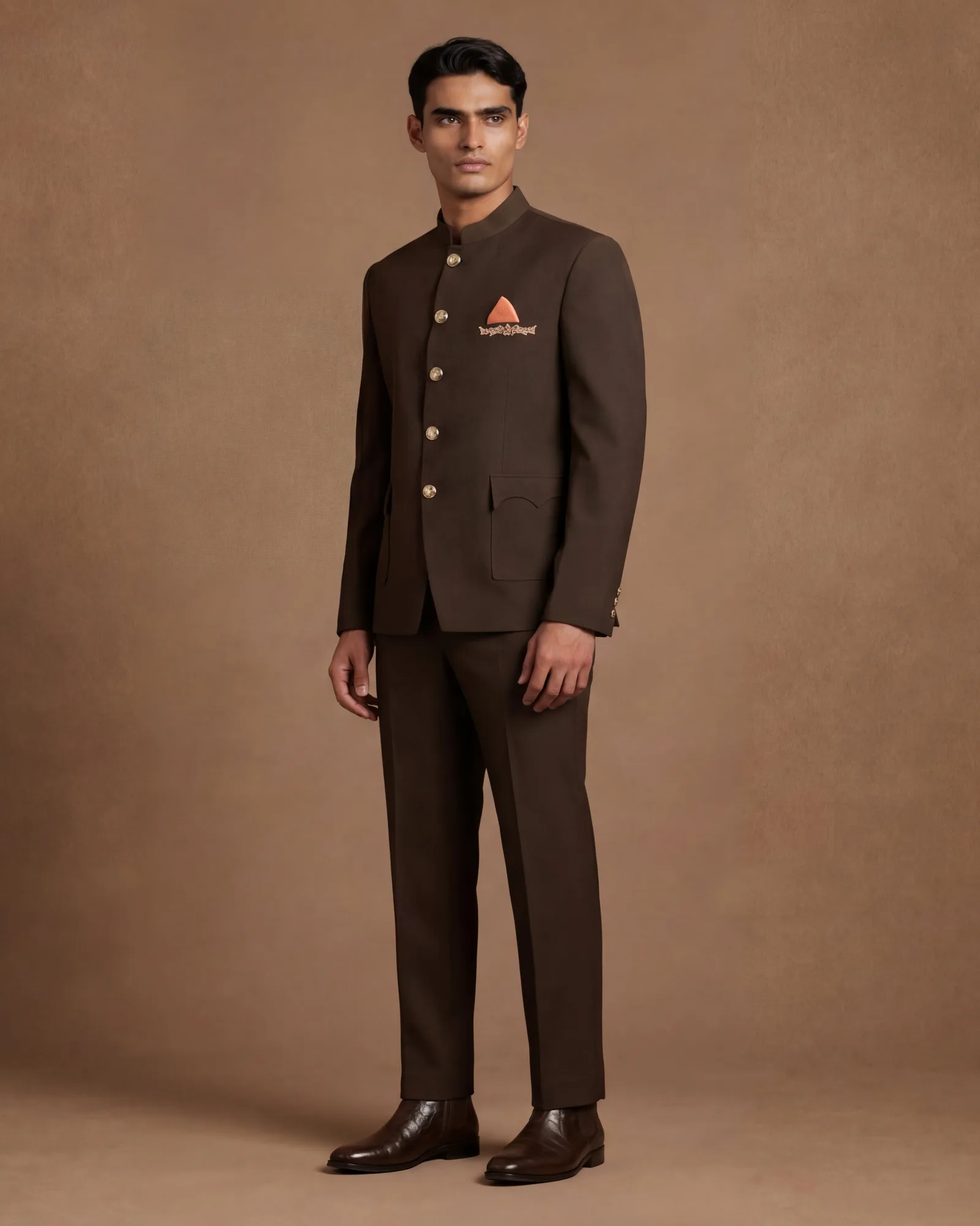 Kapish Bandhgala Set by Dolly J in mocha, view 3
