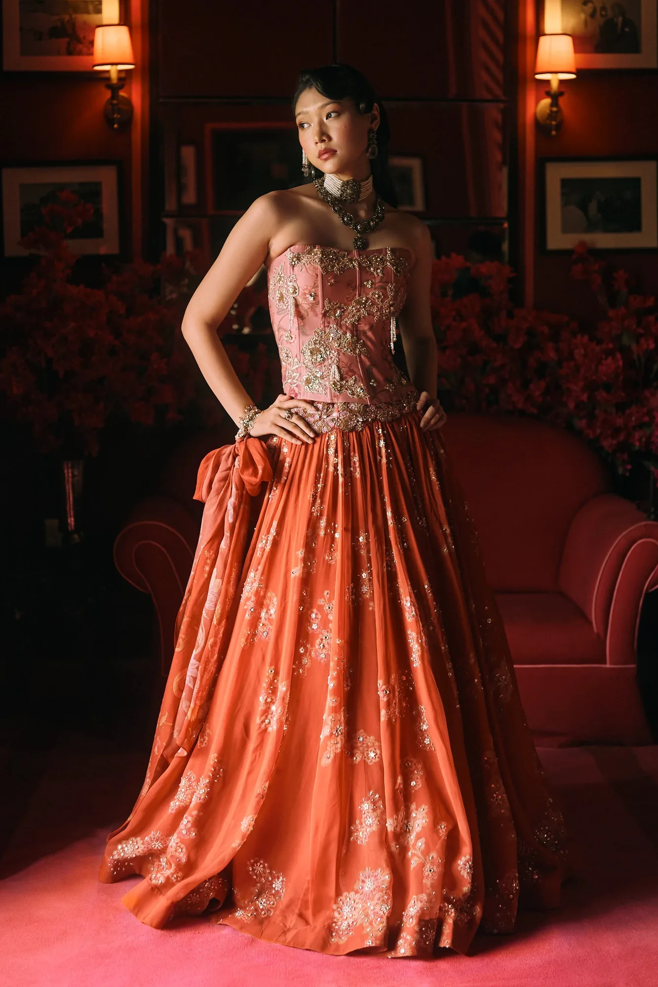 Delilah Lehenga Set by Paulmi And Harsh in rust