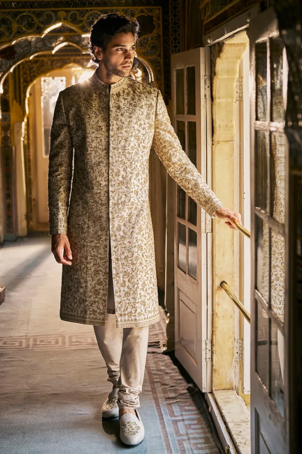Beige Zardosi Sherwani Set by Seema Gujral