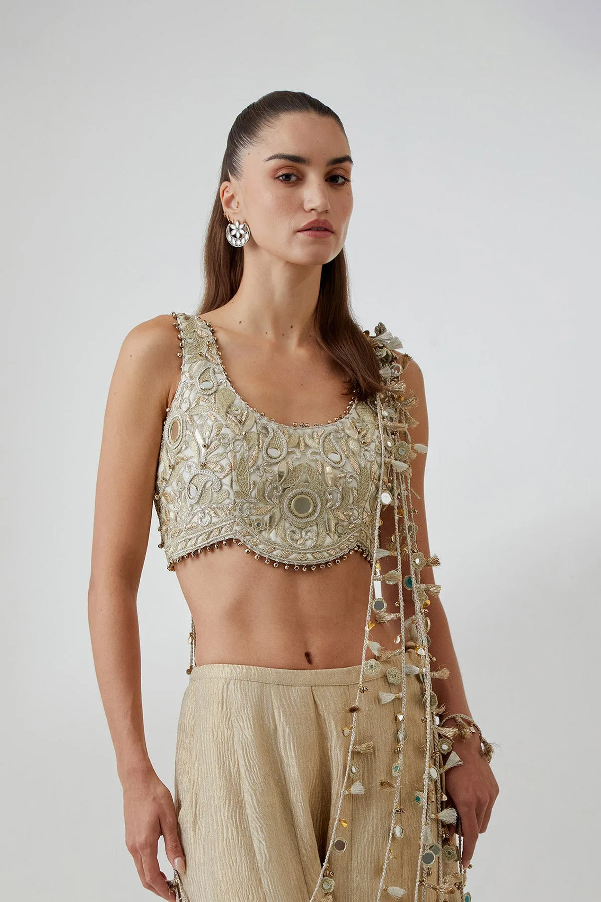 Off-White Organza Embroidered Choli And Gold Crushed Tissue Sharara With Attached Dori Tassels by Payal Singhal in off white, view 4