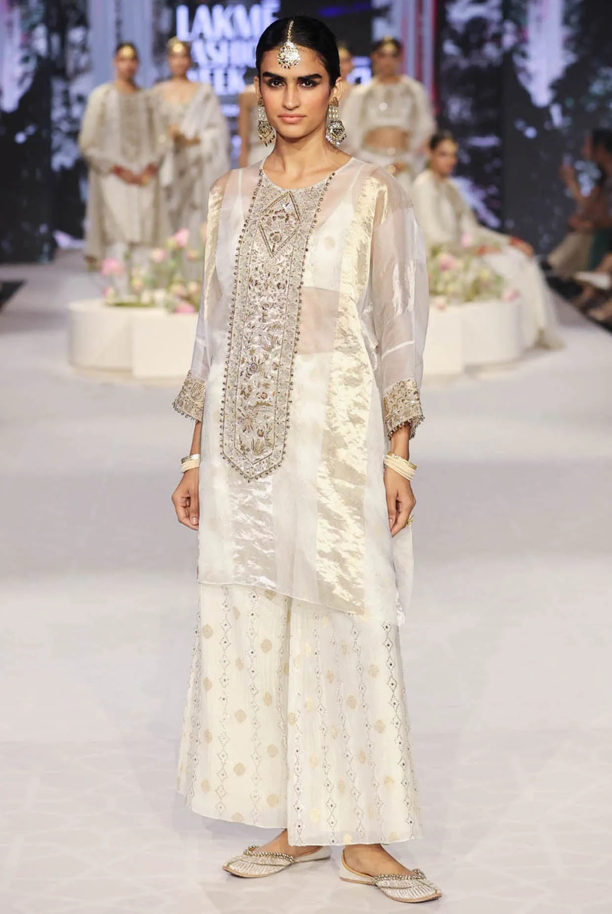 Parhez Gold Embroidered Tunic With Bustier And Palazzo by Payal Singhal