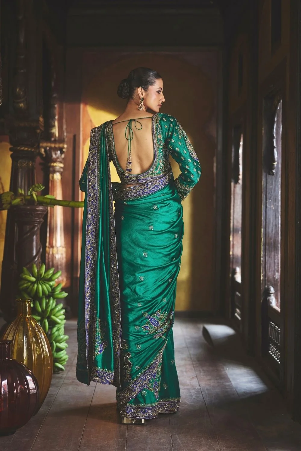Pavitra Silk Saree by Jigar Mali in green, view 3