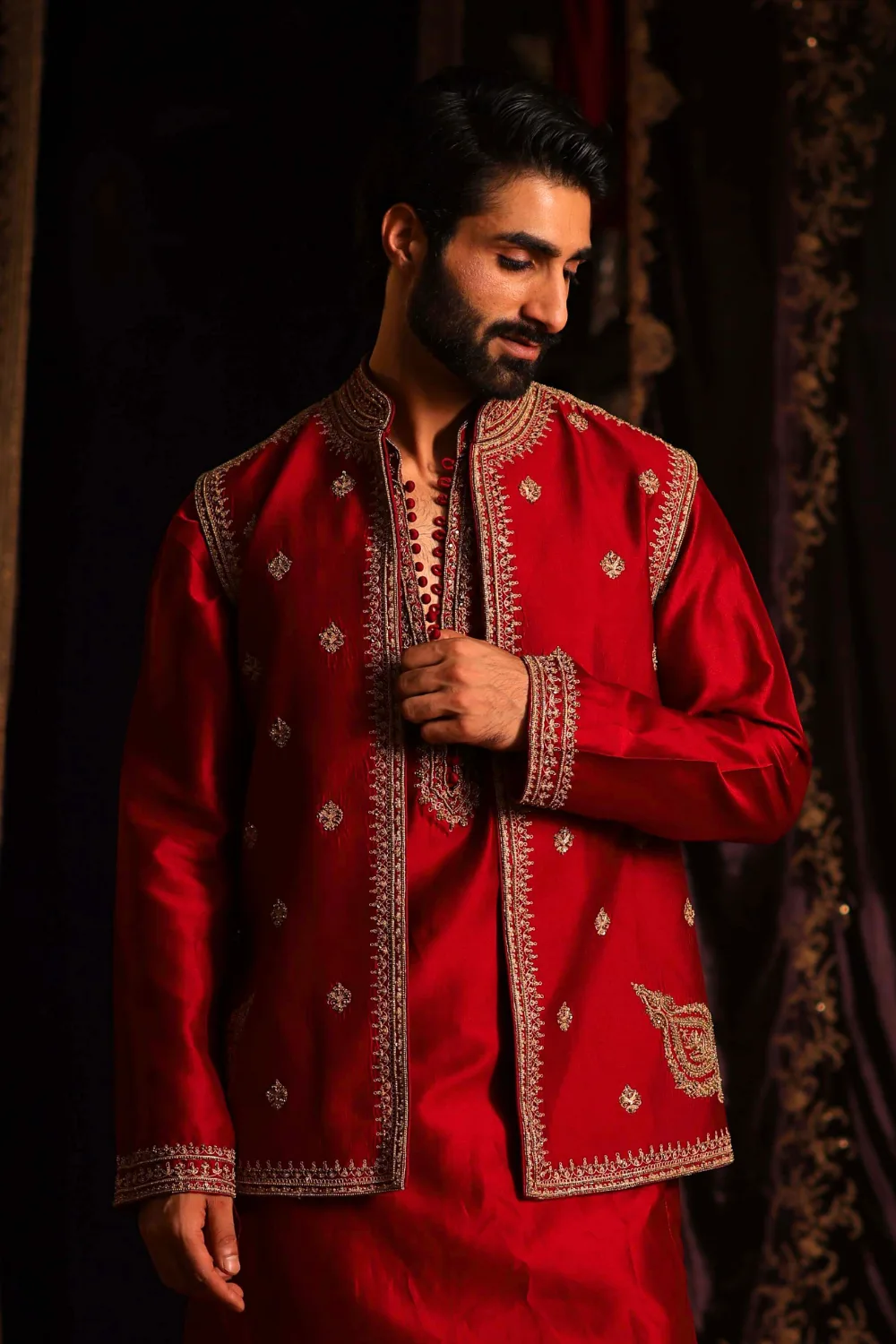 Safi Jacket Set by Jigar Mali in red, view 2