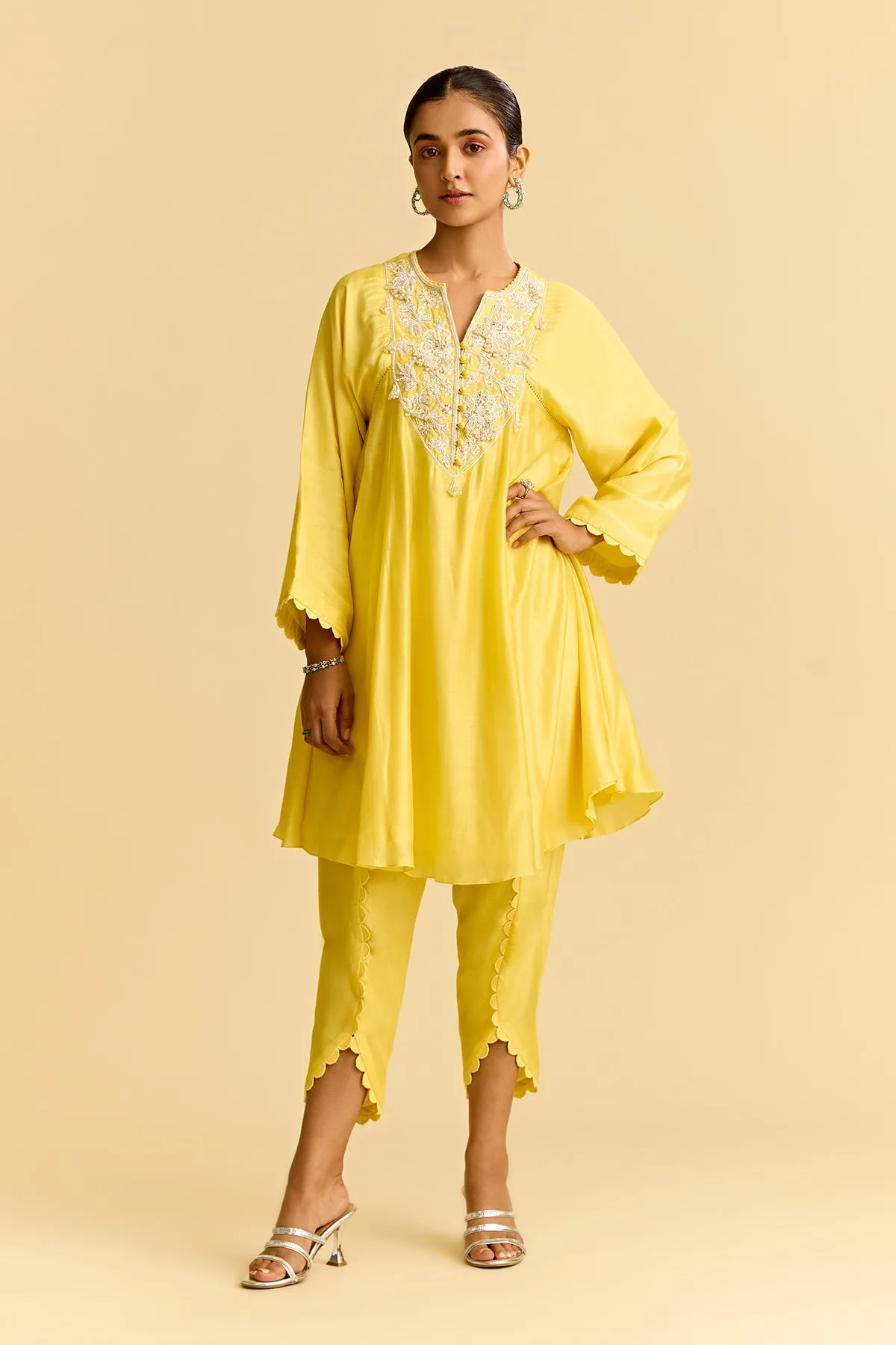 Yellow Silk Short Kurta With Tulip Pants by Ridhi Mehra
