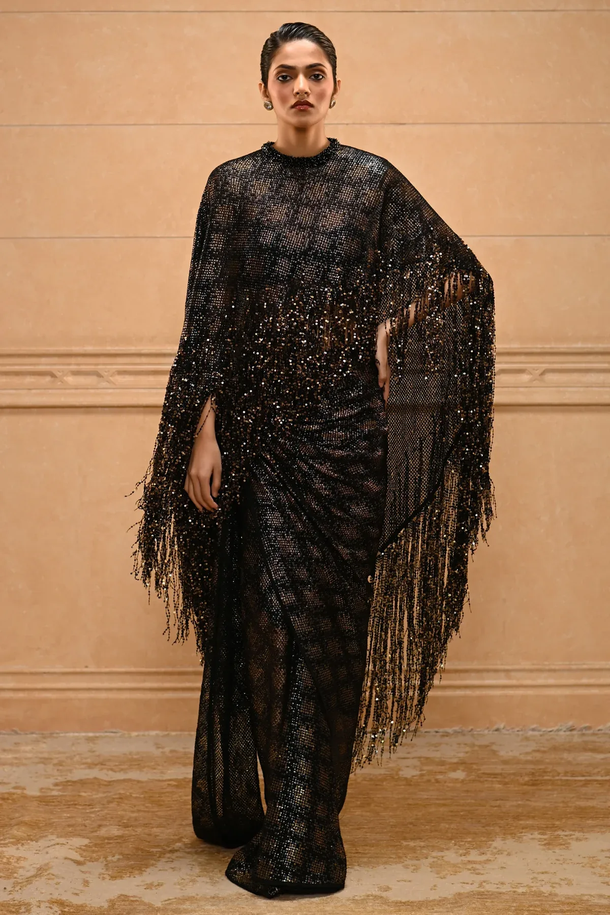 Crystal Fringe Cape Set by Tarun Tahiliani