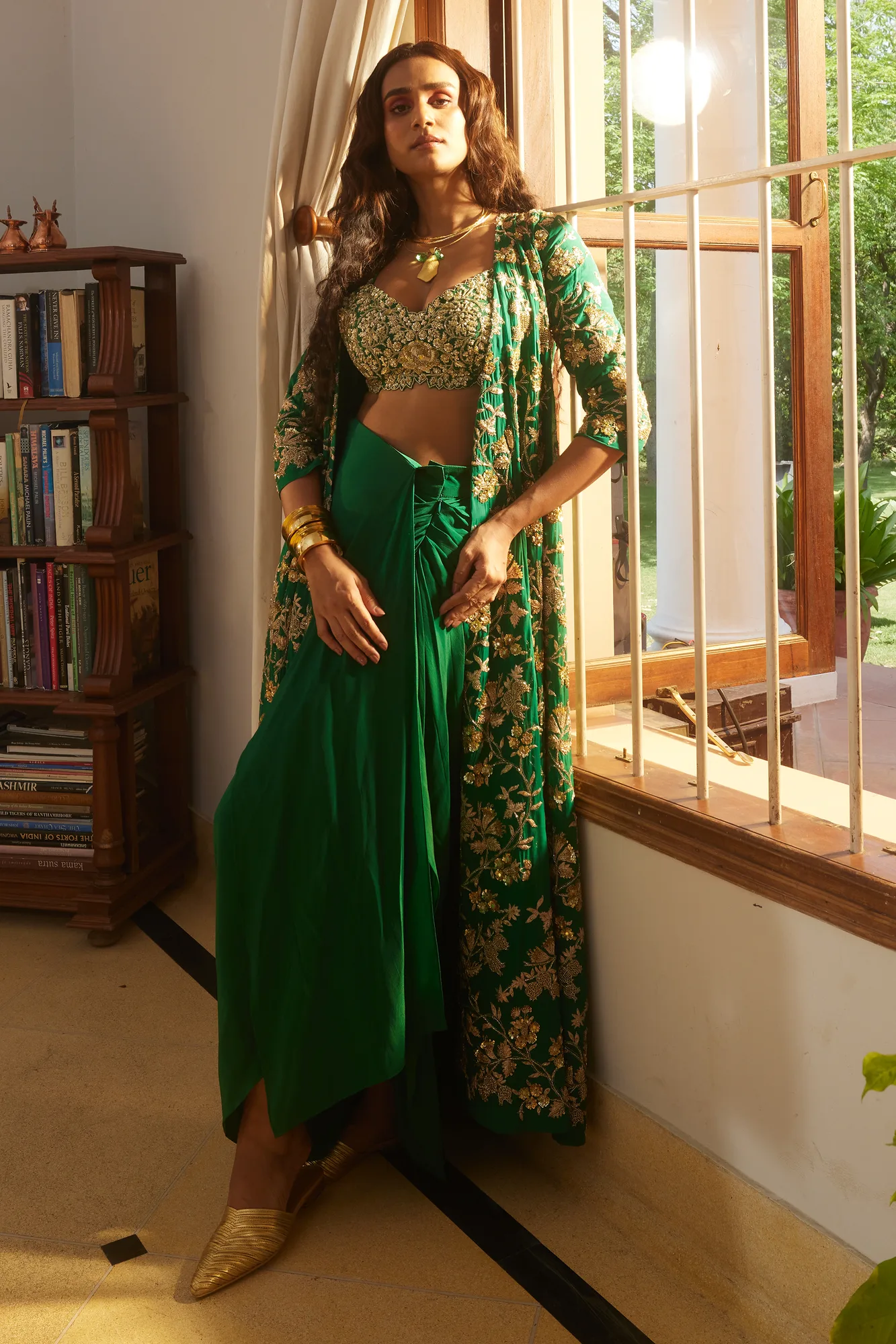 Irene Jacket Set by Paulmi And Harsh in emerald green