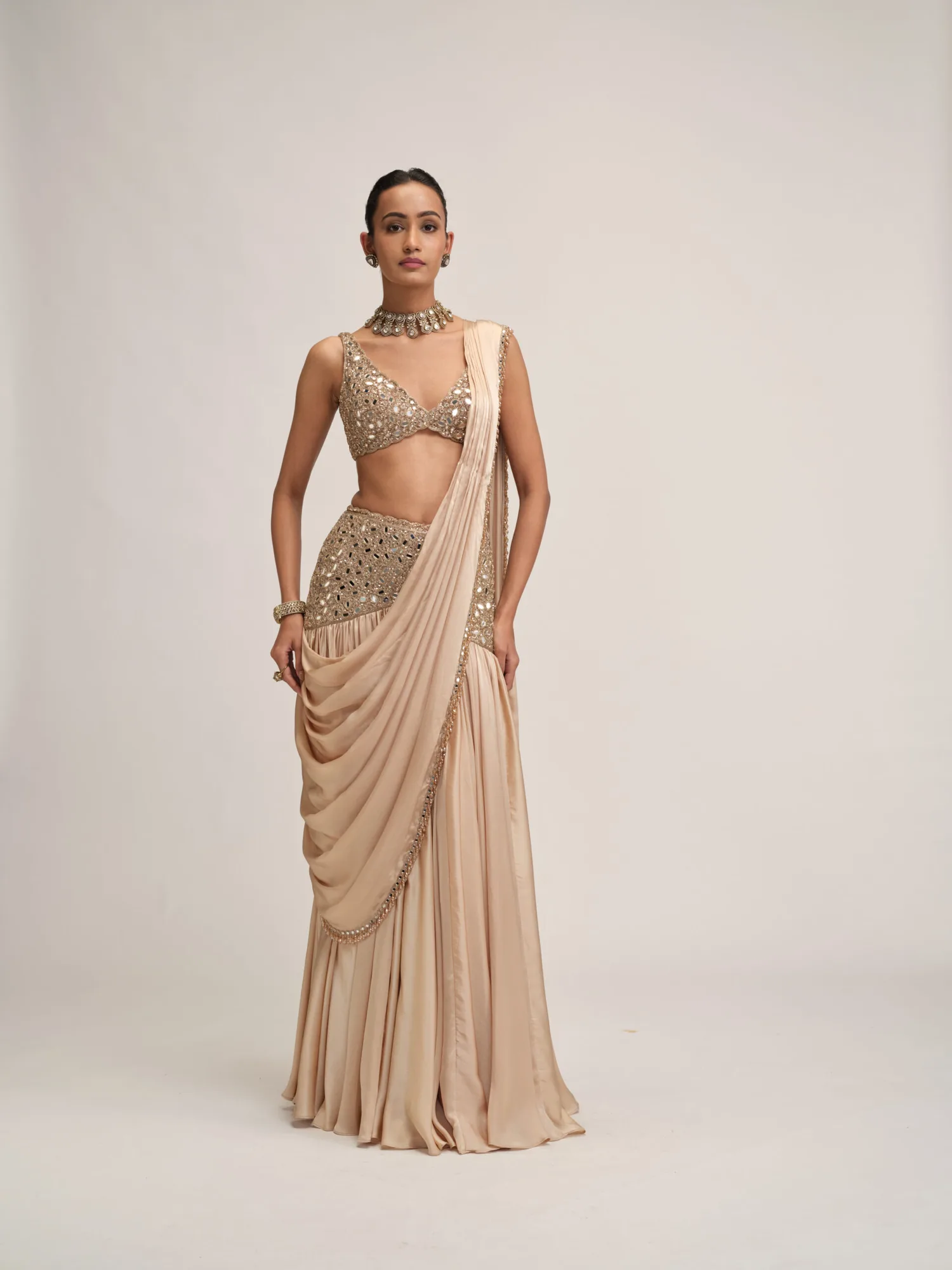 Light Beige Satin Draped Saree Set by Vvani Vats