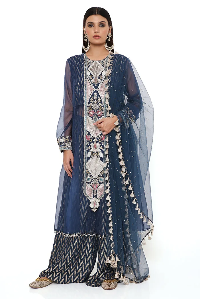 Noora Navy Organza Embroidered Yoke Anarkali With Dash Ikat Banarasi Georgette Palazzo And Mukaish Net Dupatta by Payal Singhal