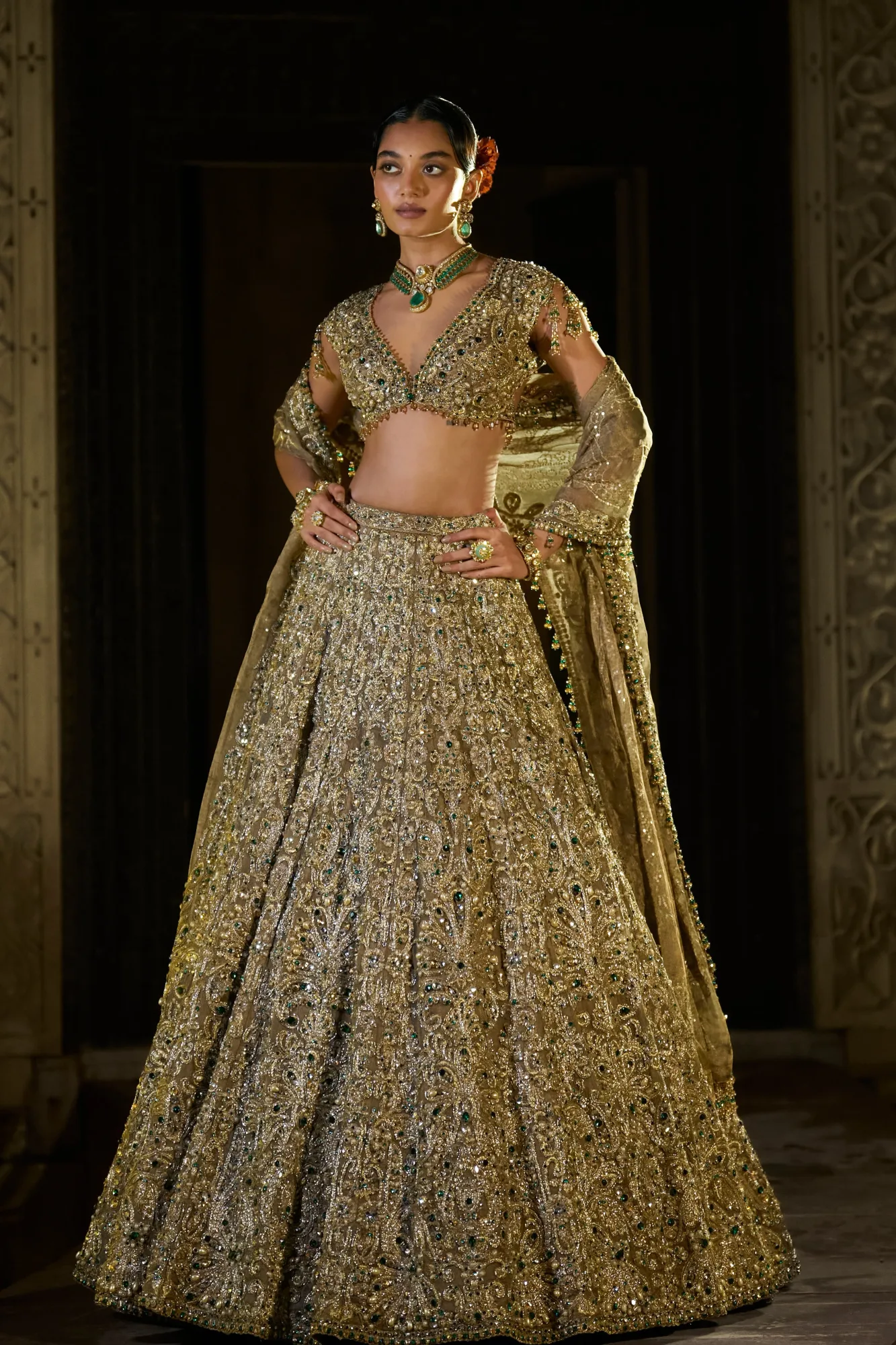 Antique Emerald Lehenga Set by Seema Gujral