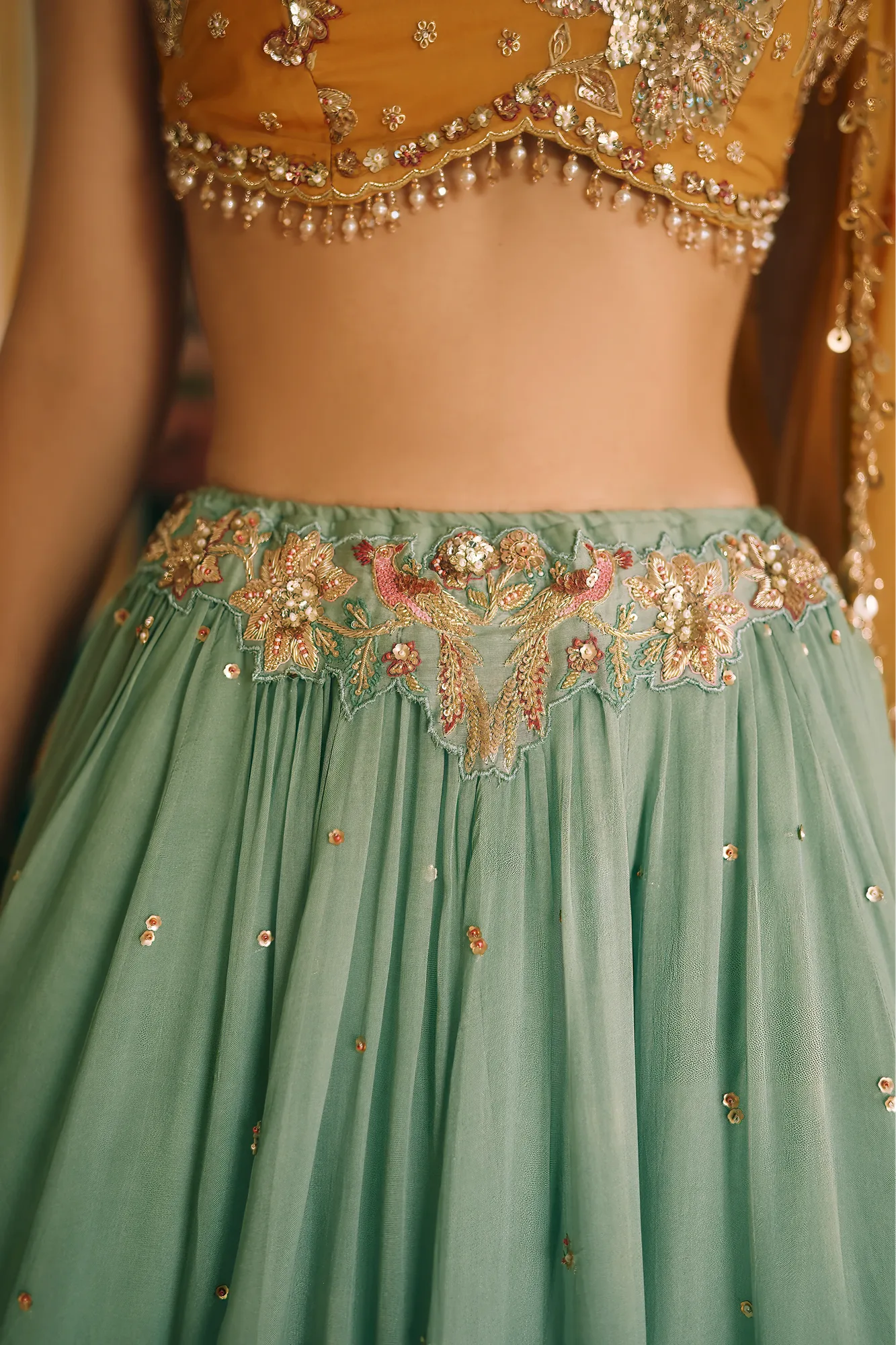Ciel Lehenga Set by Paulmi And Harsh in jade, view 4