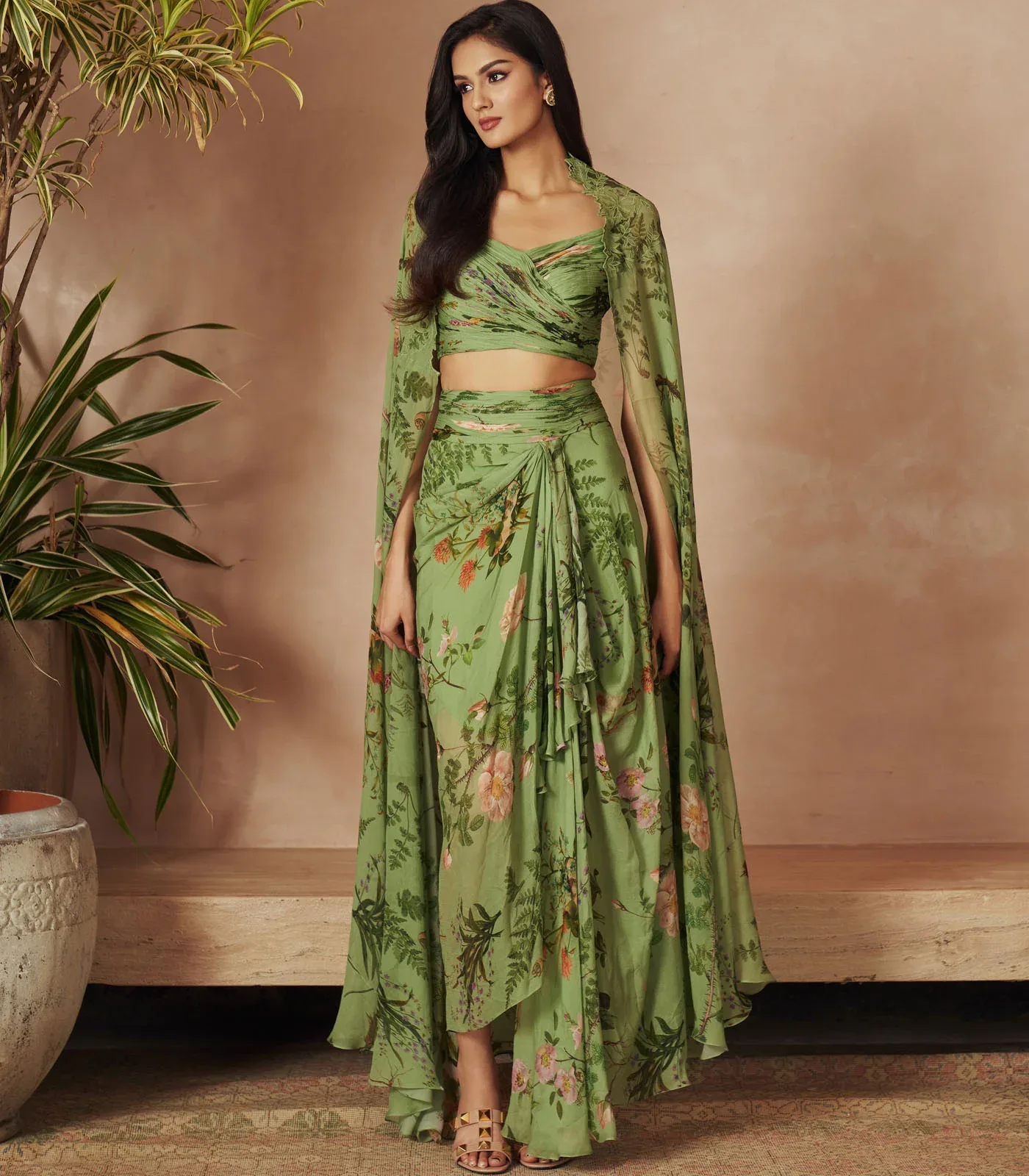 Sea Green Drape Skirt and Cape by Anushree Reddy