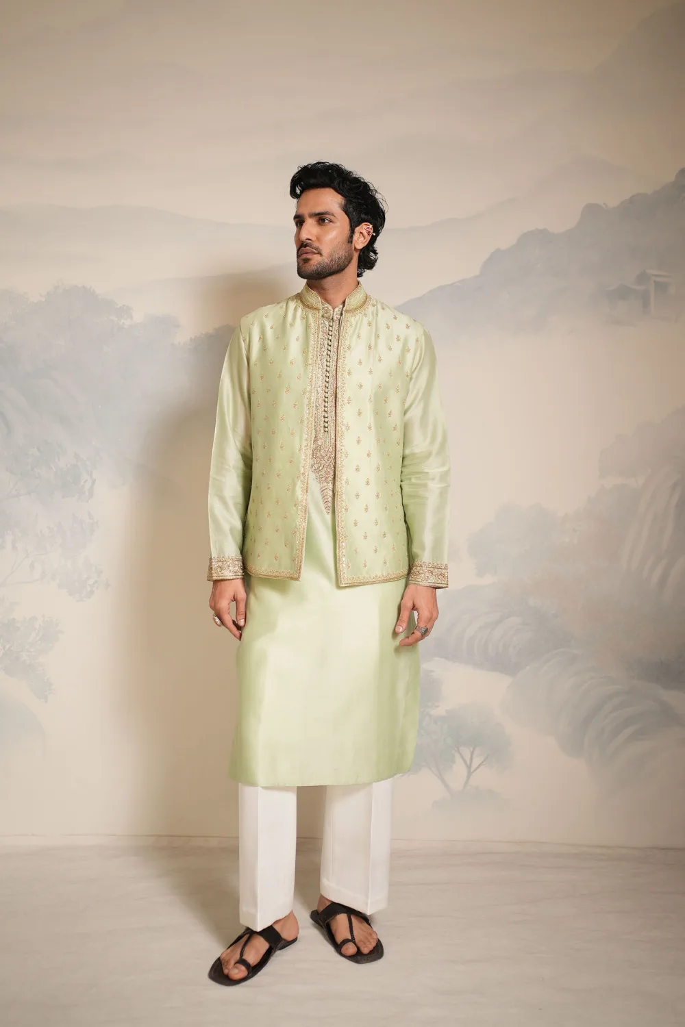 Madhav Bandi Set by Jigar Mali in sage green, view 3