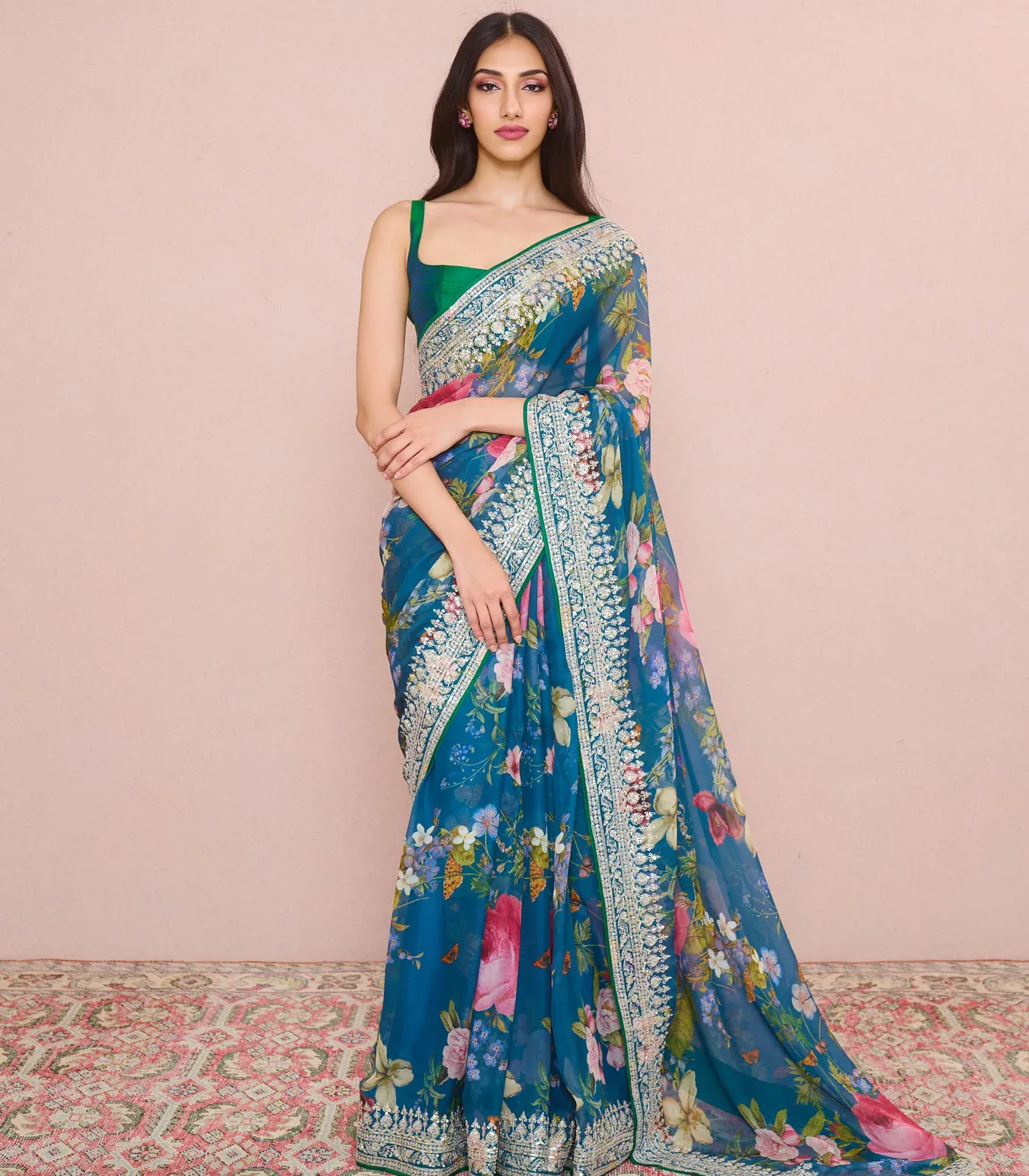 Navy Blue Ruh Printed Organza Saree Set by Anushree Reddy