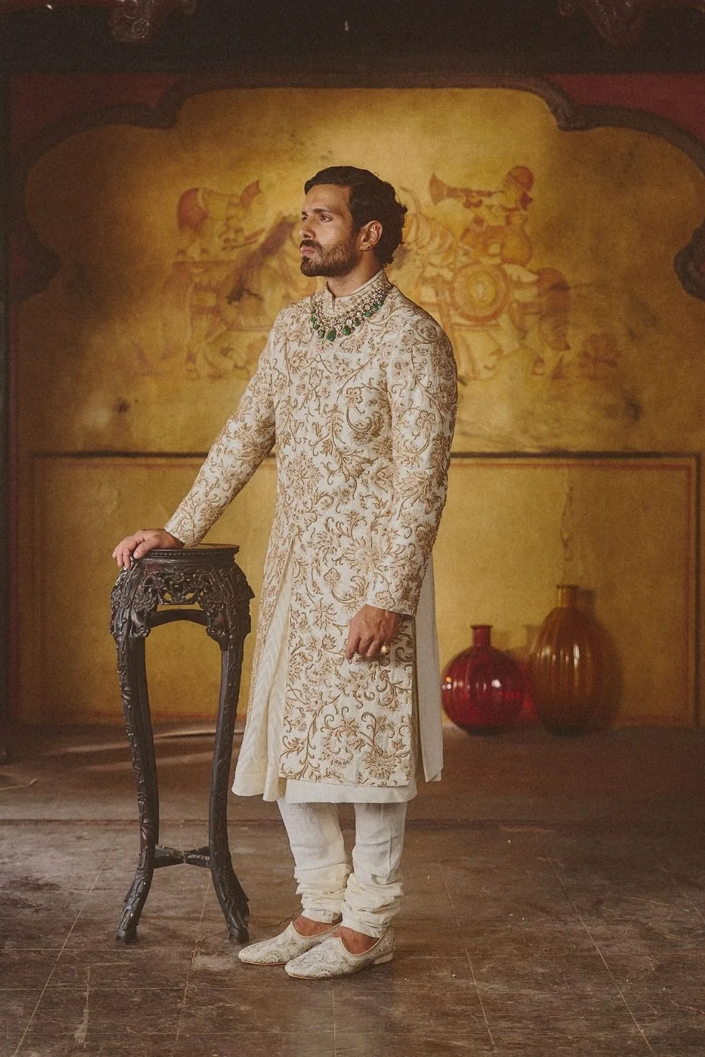 Rudra Sherwani by Jigar Mali in ivory, view 4