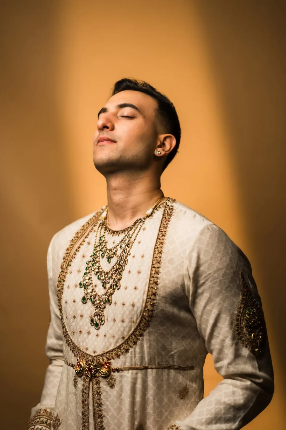 Rishabh Sharma in Ivory Angrakha Set by Jigar Mali, ivory sherwani, view 3