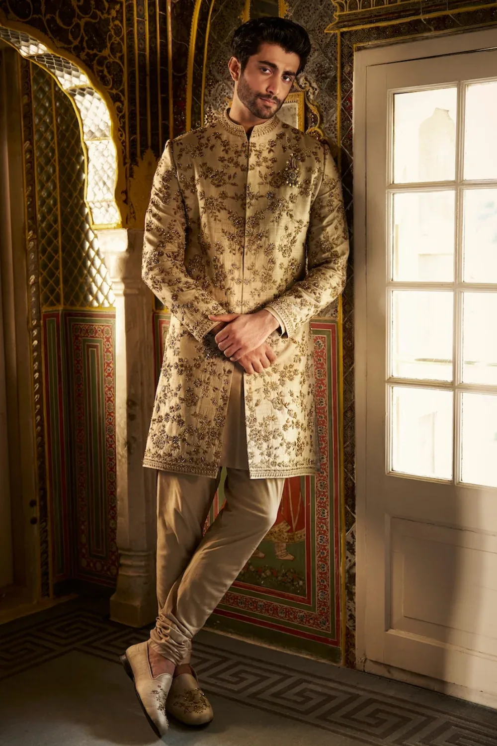 Beige Zardosi Short Sherwani Set by Seema Gujral
