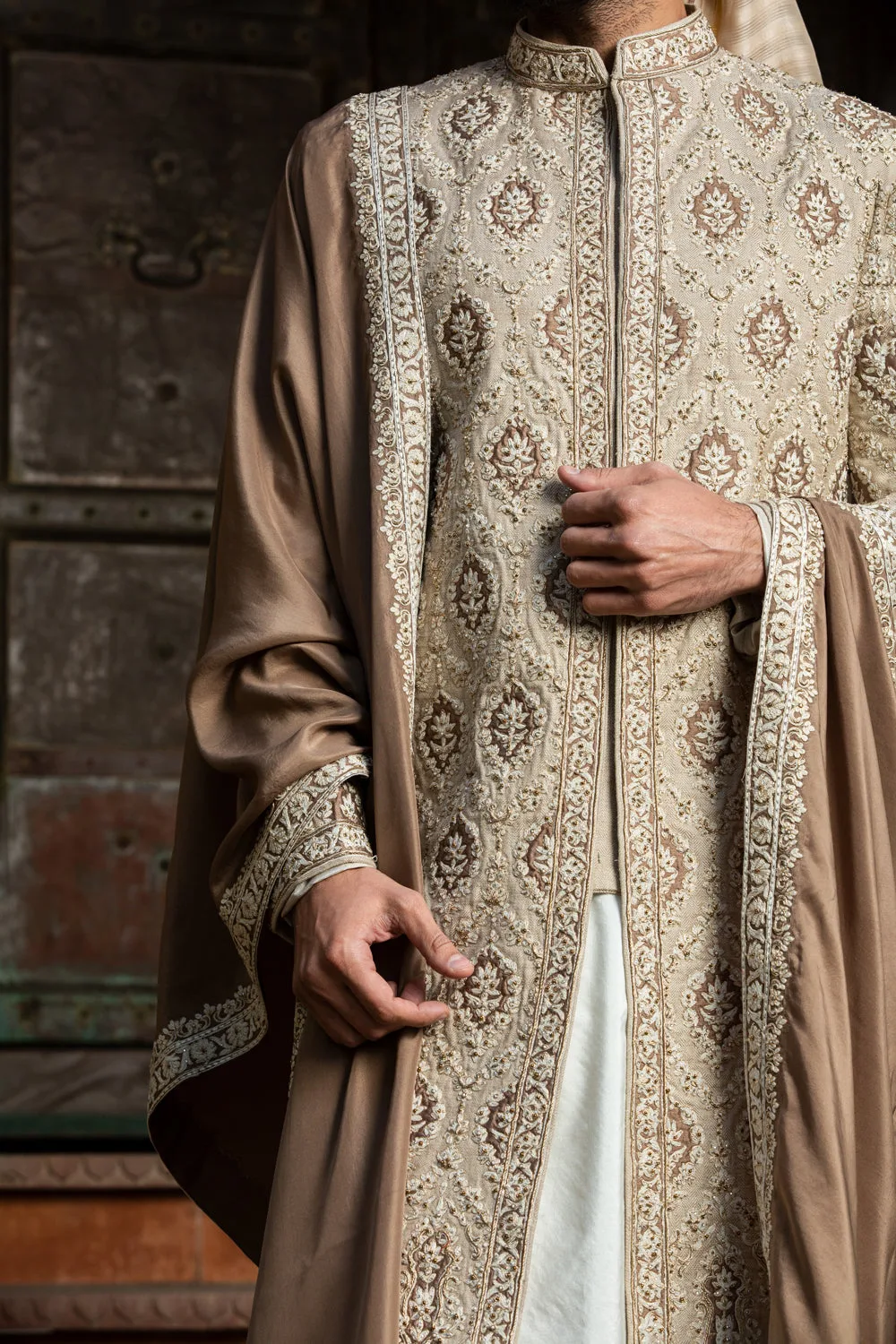 Beige Brown Raw Silk Patchwork Embroidered Achkan with Monga Kurta and Churidar by Nitika Gujral, beige sherwani, view 2
