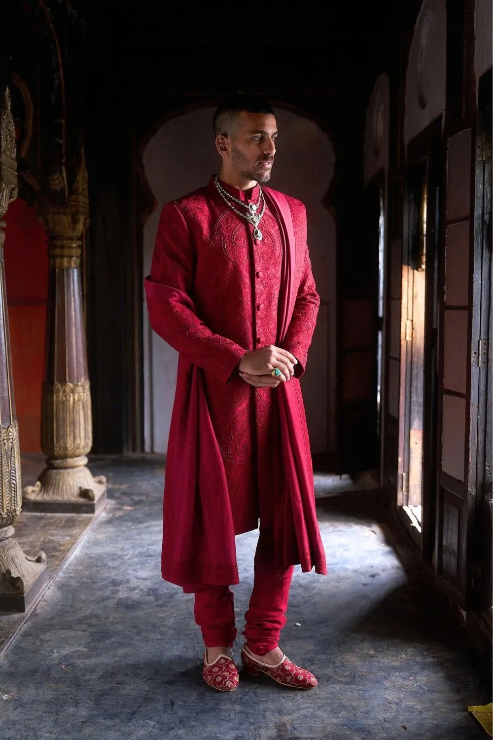 Paavak Sherwani by Jigar Mali in maroon, view 4