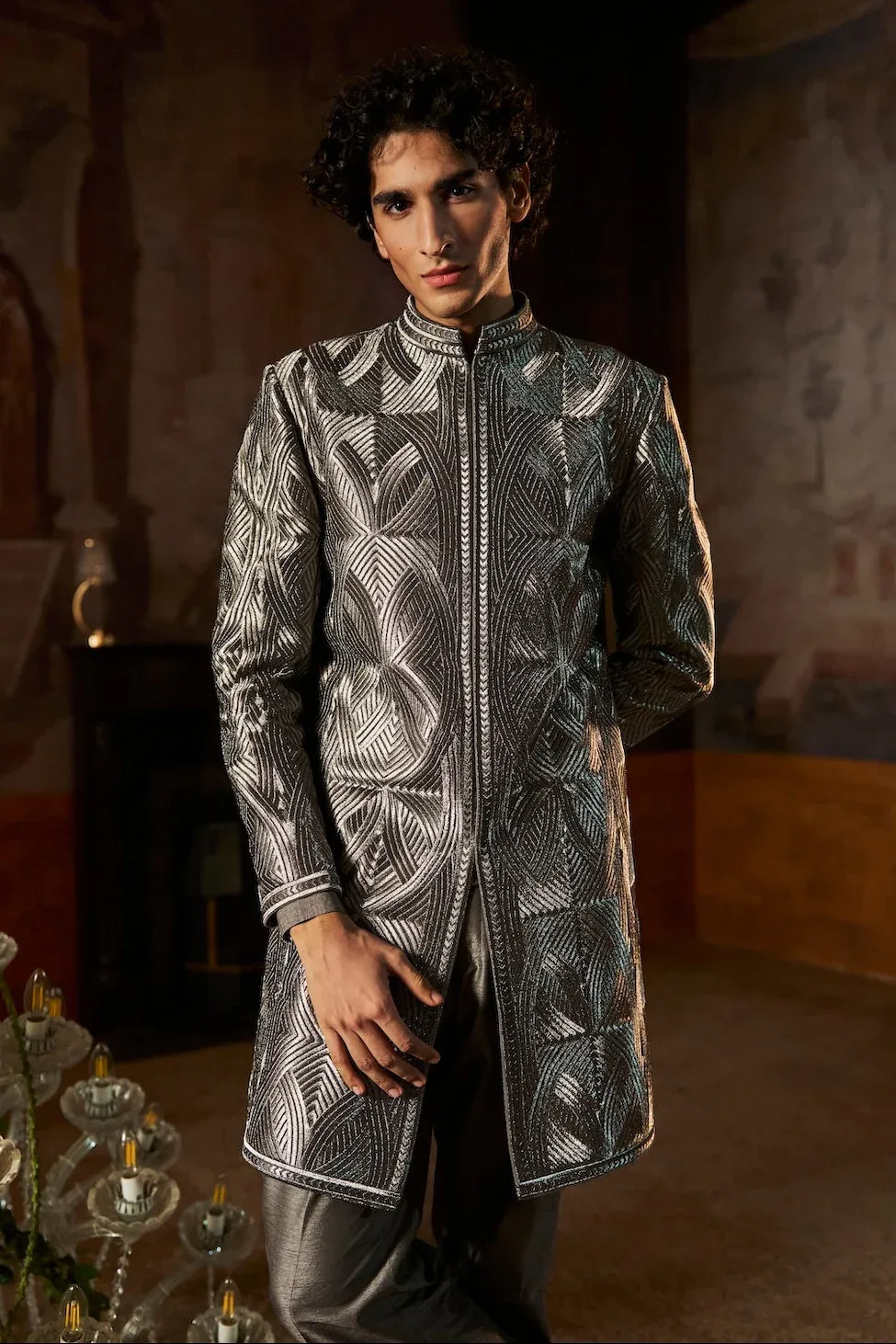 Charcoal Metallic Sherwani Set by Seema Gujral