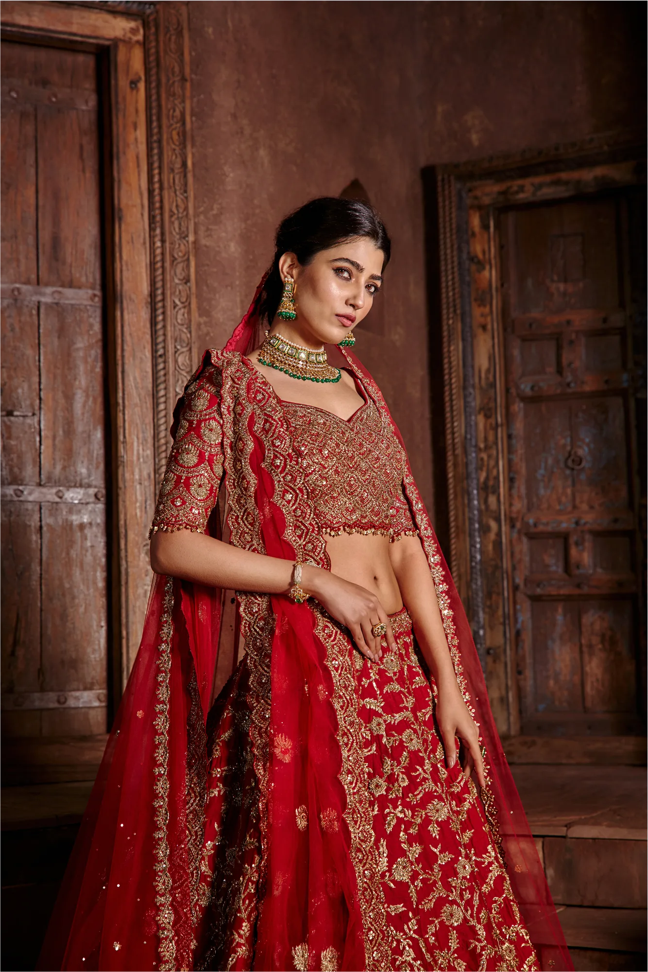 Red Raw Silk Lehenga Set by Nitika Gujral