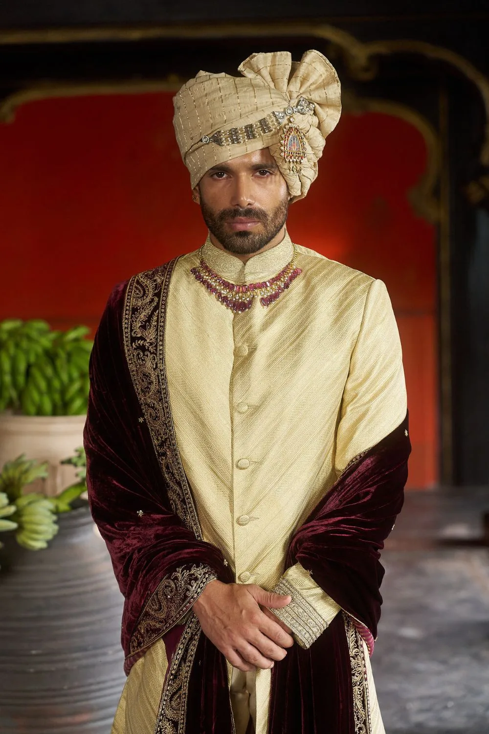 Navam Sherwani by Jigar Mali in gold, view 2