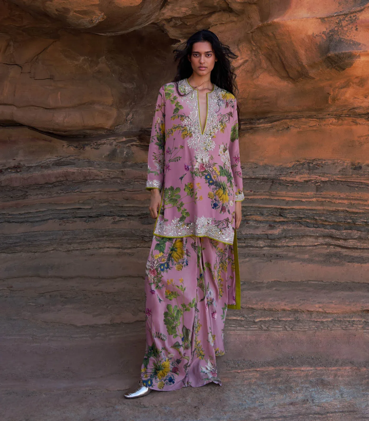 Pink Crystal Printed High Low Kurta Skirt Set by Anushree Reddy