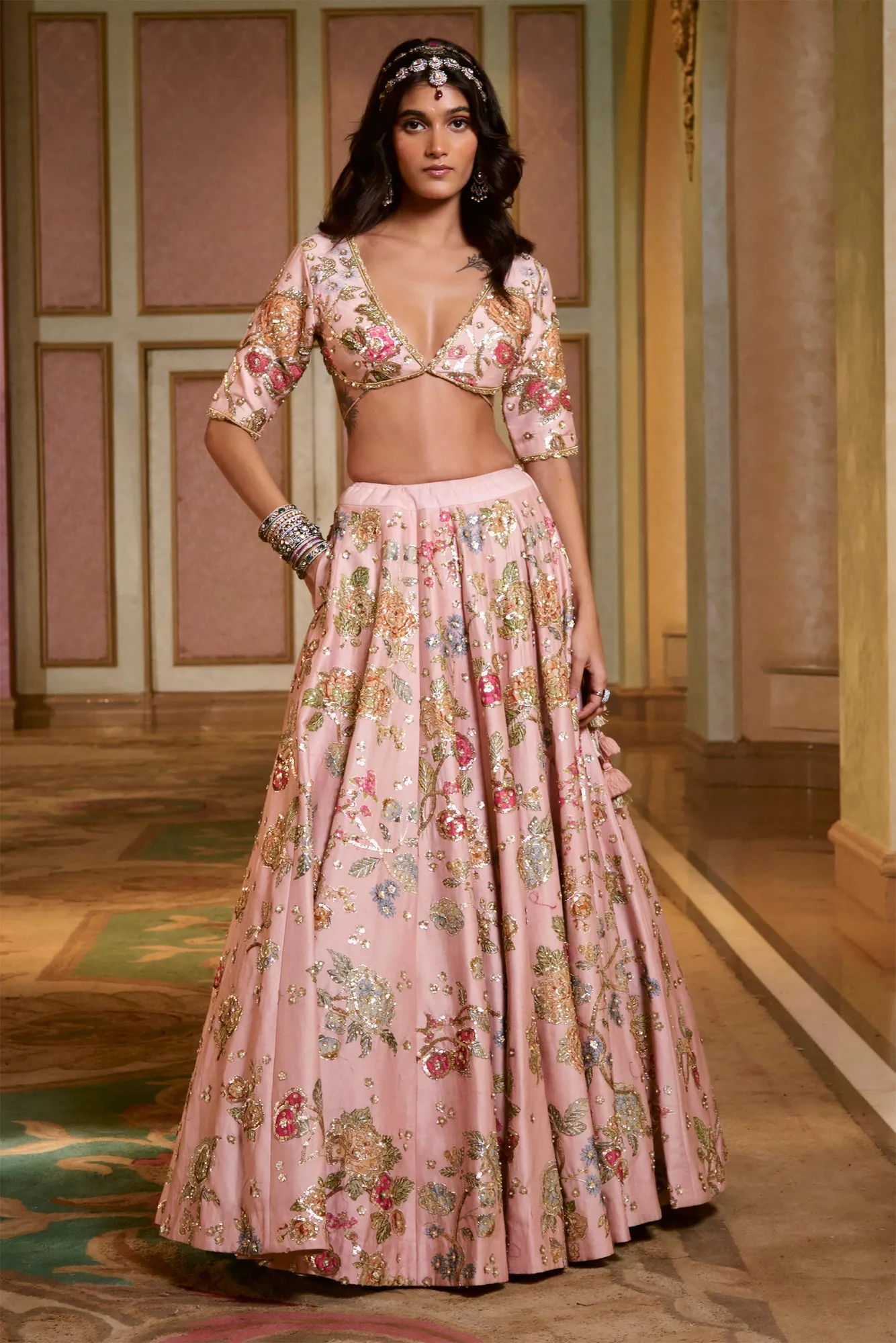 Lorenza Lehenga Set by Paulmi And Harsh in baby pink, view 2