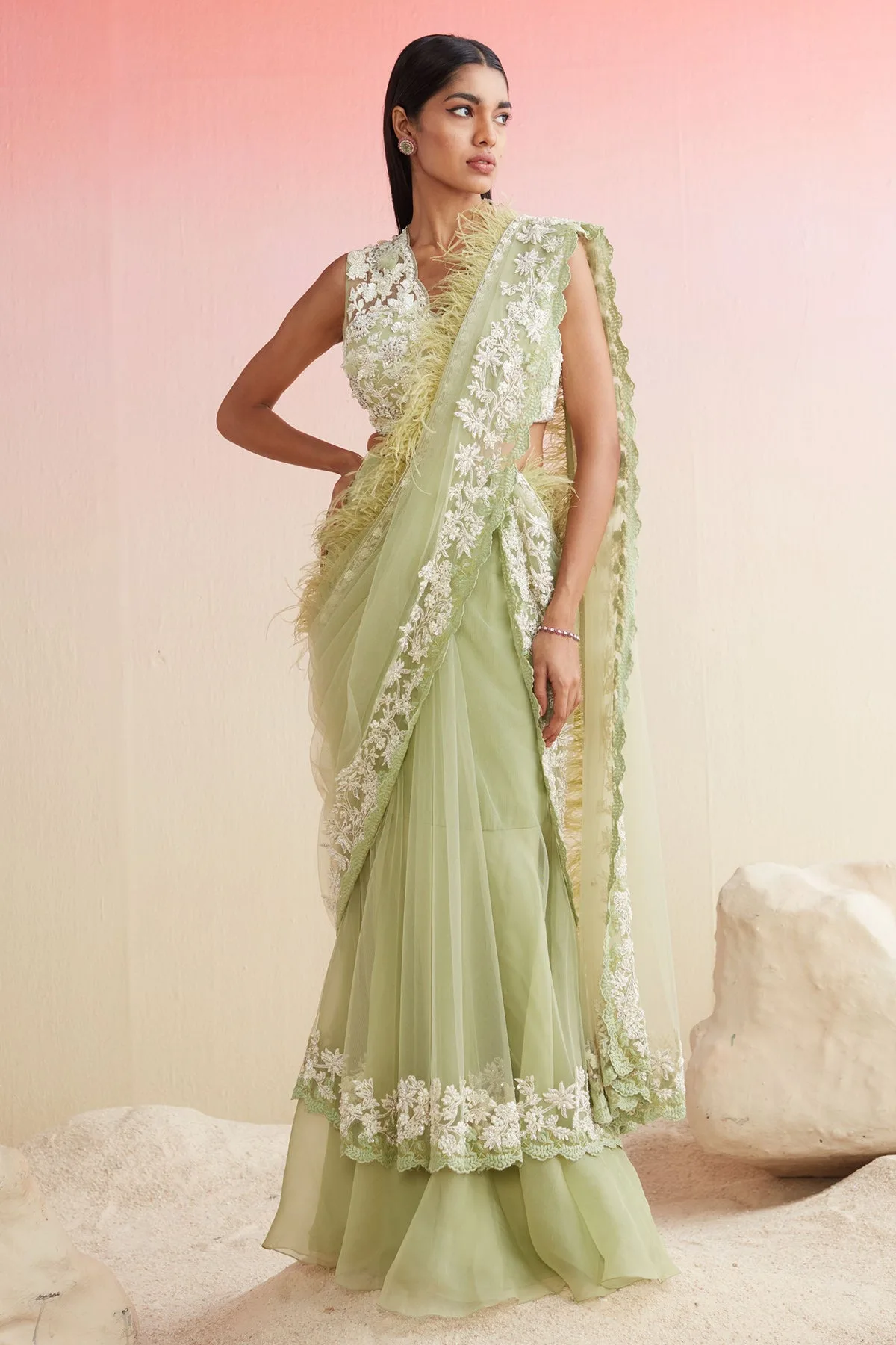 Ploma In Mint by Ridhi Mehra, mint sari